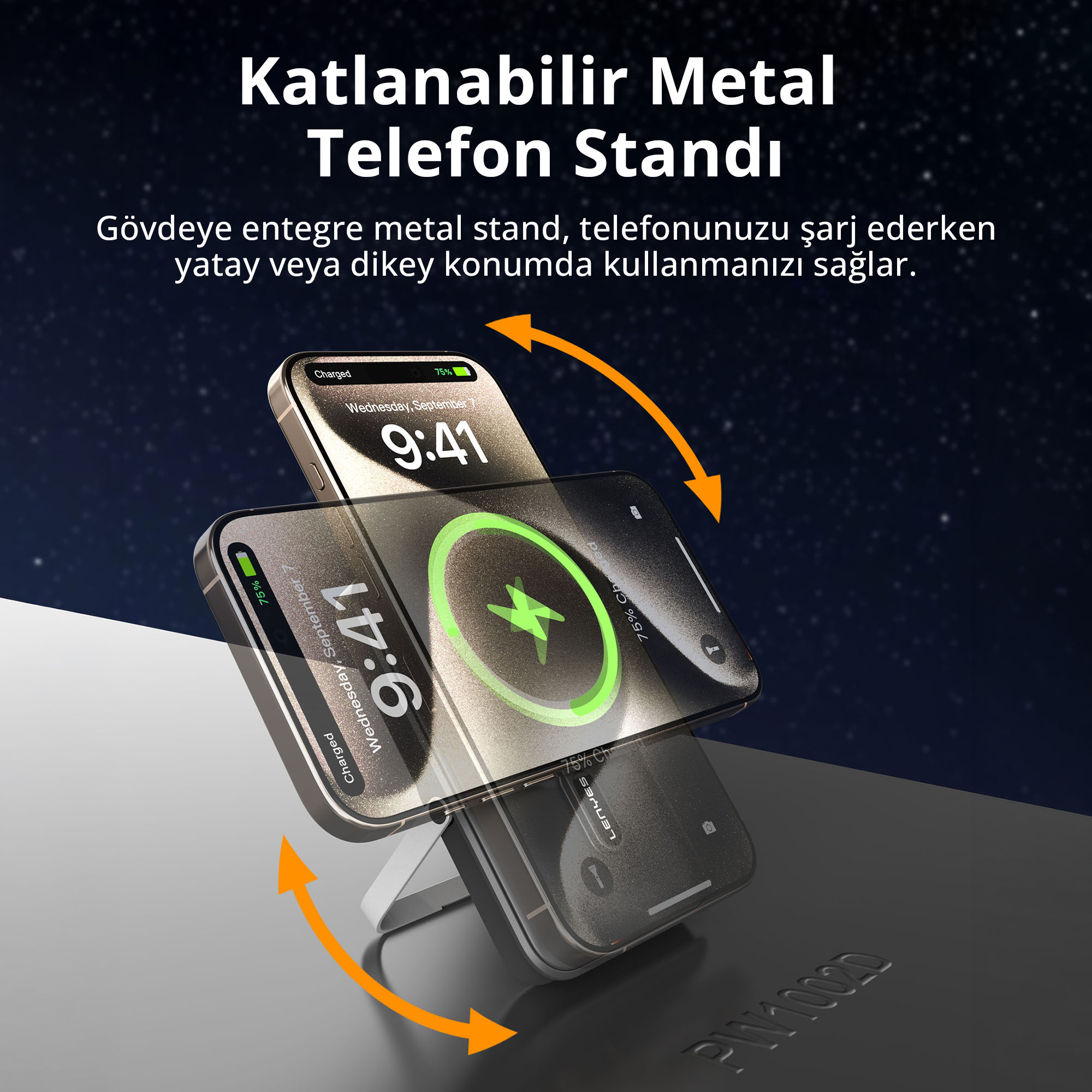 Karanlık bir arka planda dikey ve yatay konumda iki akıllı telefon tutan katlanabilir metal standı.