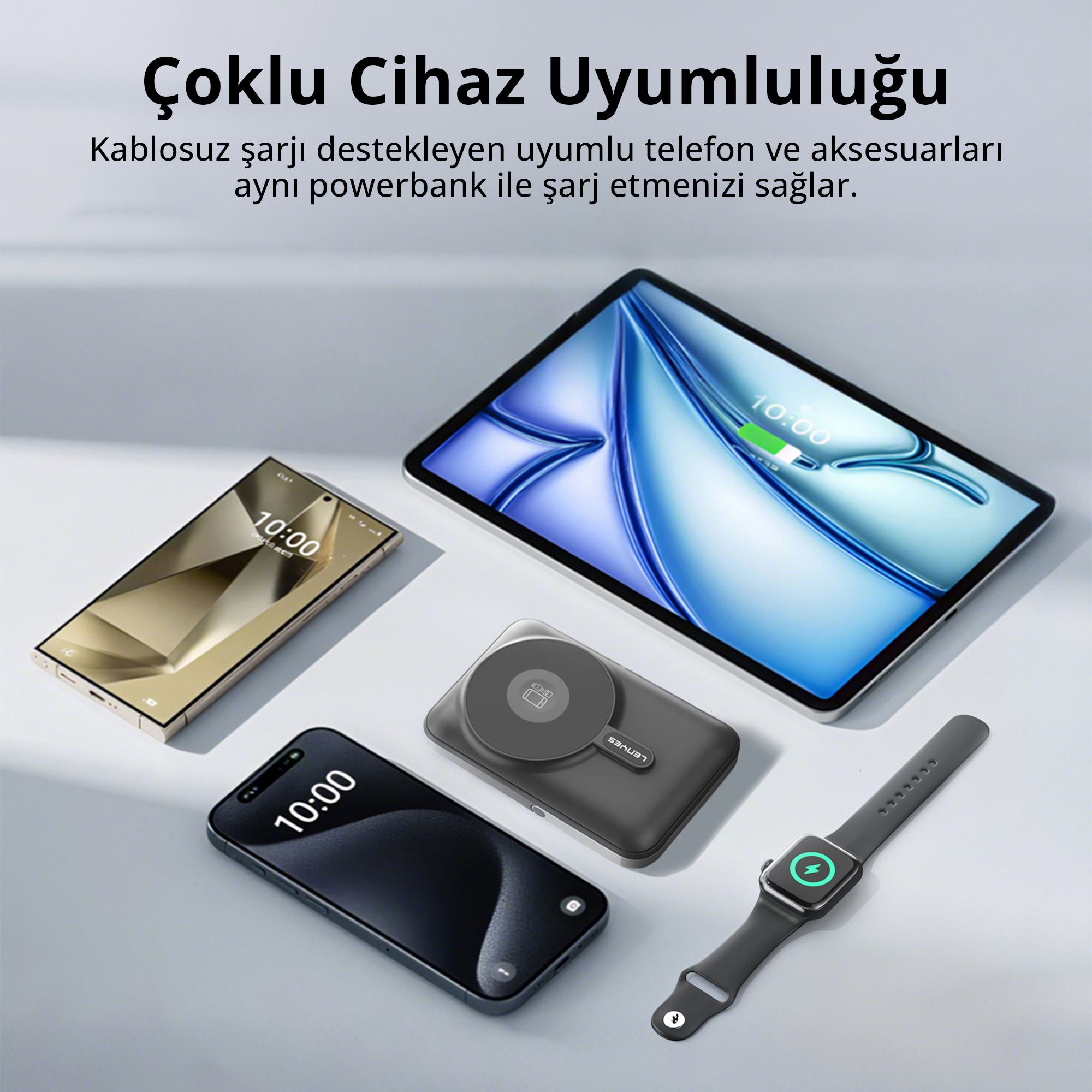 Bir powerbank; tableti, iki akıllı telefonu ve bir akıllı saati kablosuz şarj ediyor.
