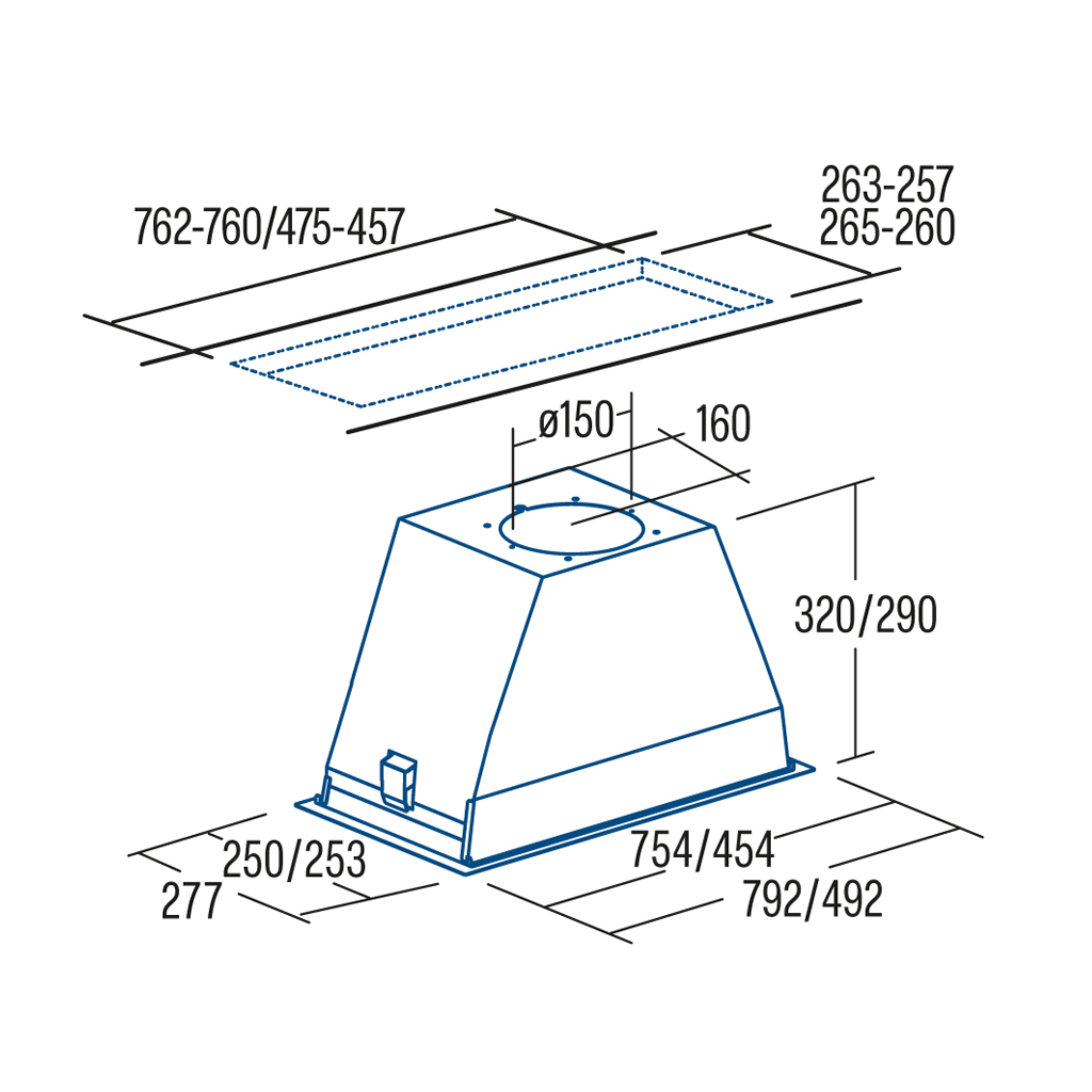 Disegno tecnico di una cappa da cucina rettangolare con dimensioni in bianco e nero.