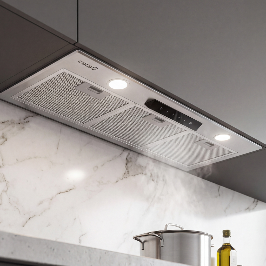 Cappa da cucina in acciaio inox con luci sopra una pentola e parete in marmo.