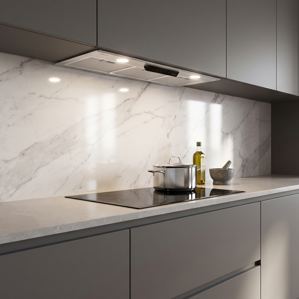 Cucina moderna con mobili grigi, paraschizzi in marmo bianco, piano cottura, pentola e mortaio.