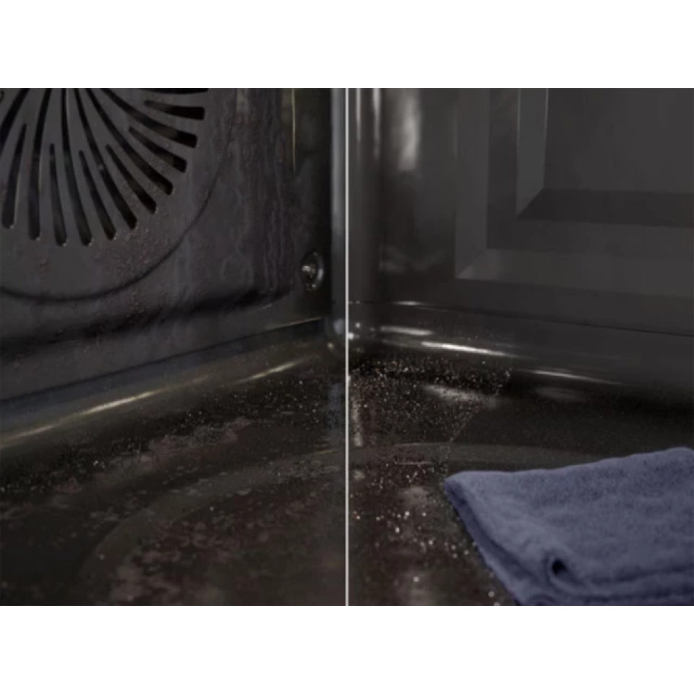 Schermo diviso che mostra un forno sporco a sinistra e un forno pulito con un panno blu a destra.