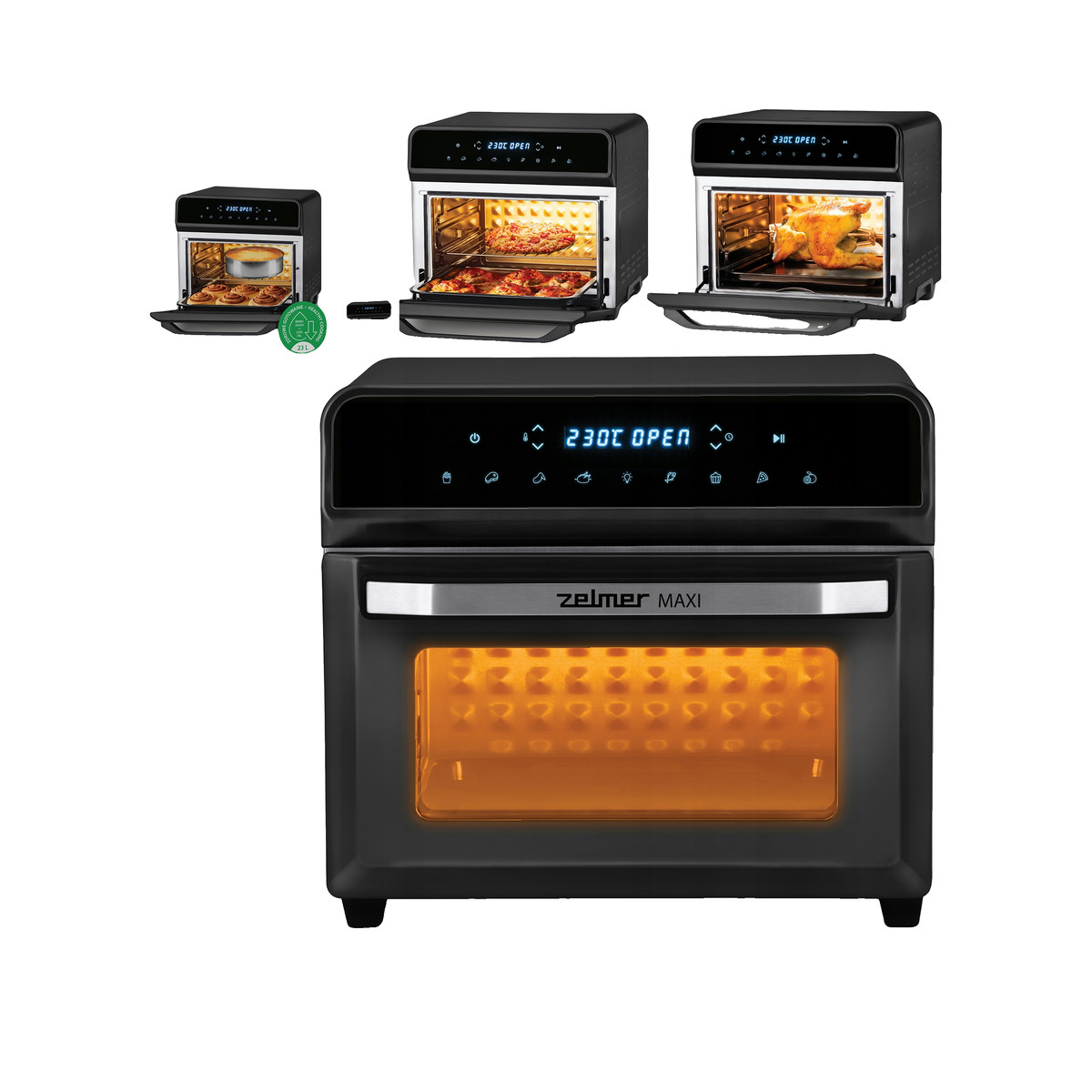 Un grande forno friggitrice ad aria Zelmer Maxi nero con display digitale e varie funzioni.