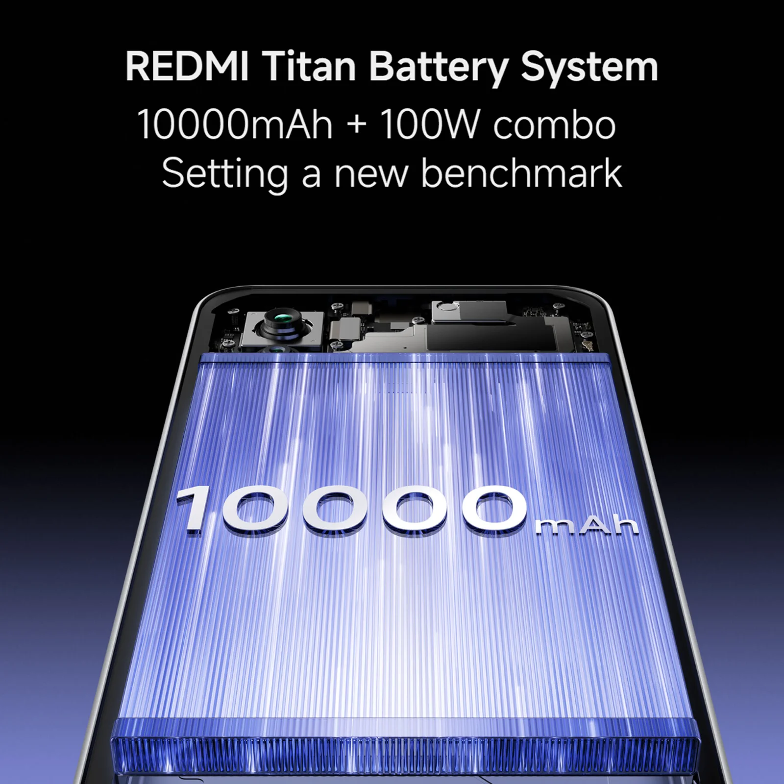 Die Redmi Titan Batterie zeigt eine große blaue Batterie mit der Aufschrift 10000mAh.