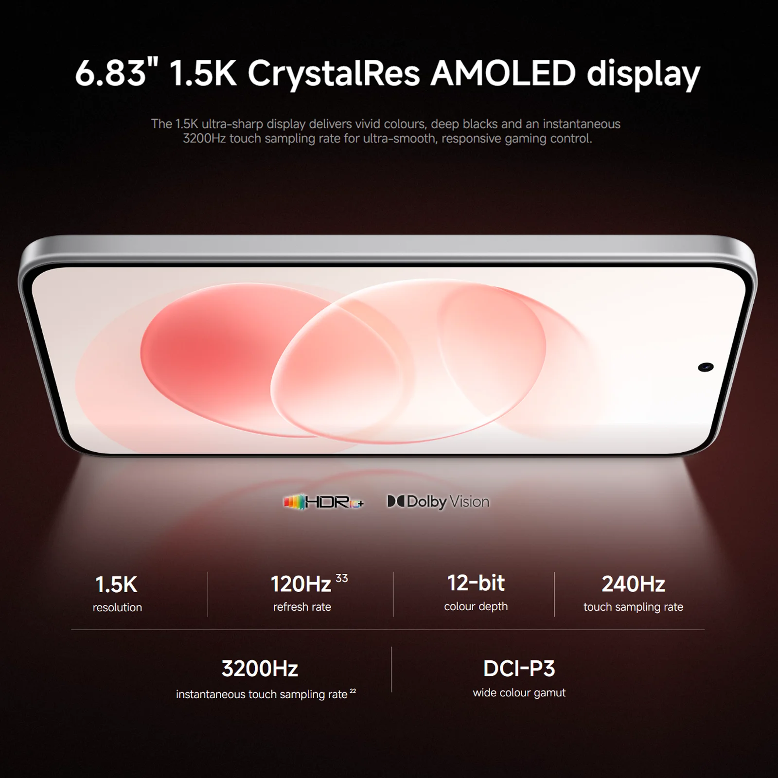 Smartphone mit 6,83-Zoll-AMOLED-Display, HDR10+, Dolby Vision und verschiedenen technischen Leistungsdaten.