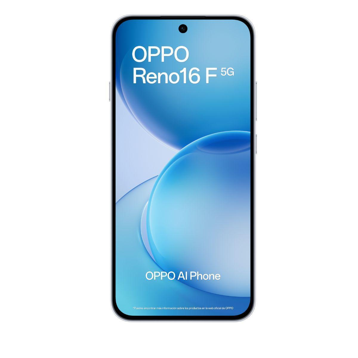 Oppo Reno16 F 5G smartphone displaying a blue screen and text.