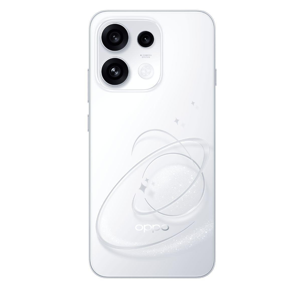 Back of a white Oppo smartphone featuring a dual camera and ring pattern.