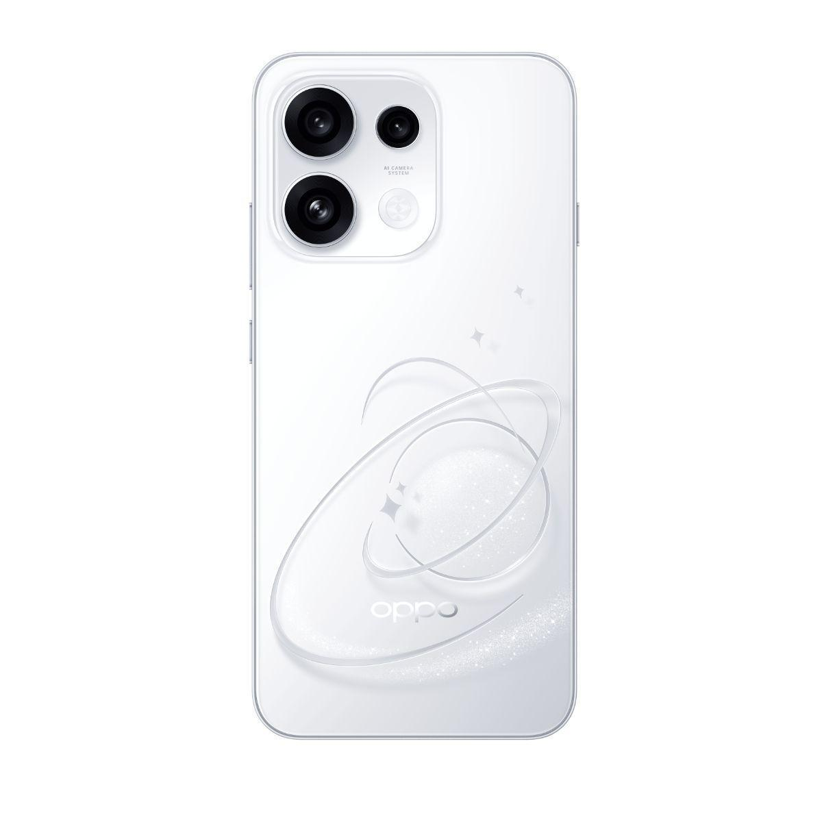 Dos d'un smartphone Oppo blanc avec deux objectifs photo et un design en relief.