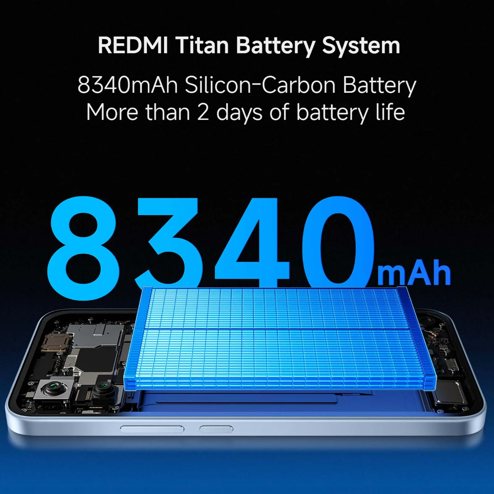 Die Redmi Titan Batterie mit 8340mAh auf einem offenen Smartphone vor schwarzem Hintergrund.