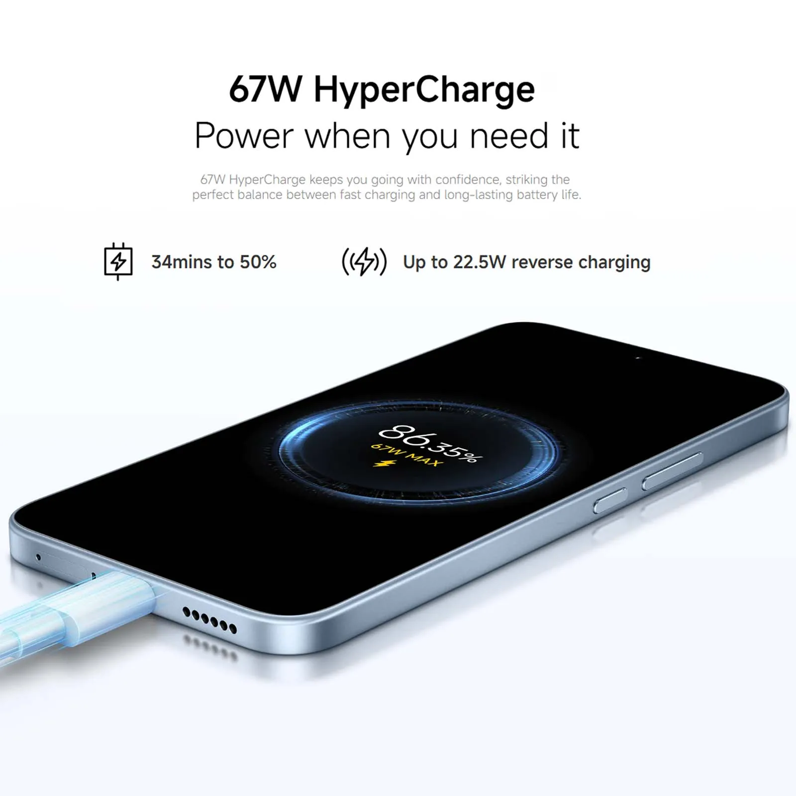 Ein Smartphone lädt mit einem blauen Kabel und zeigt 67W HyperCharge auf dem Bildschirm.