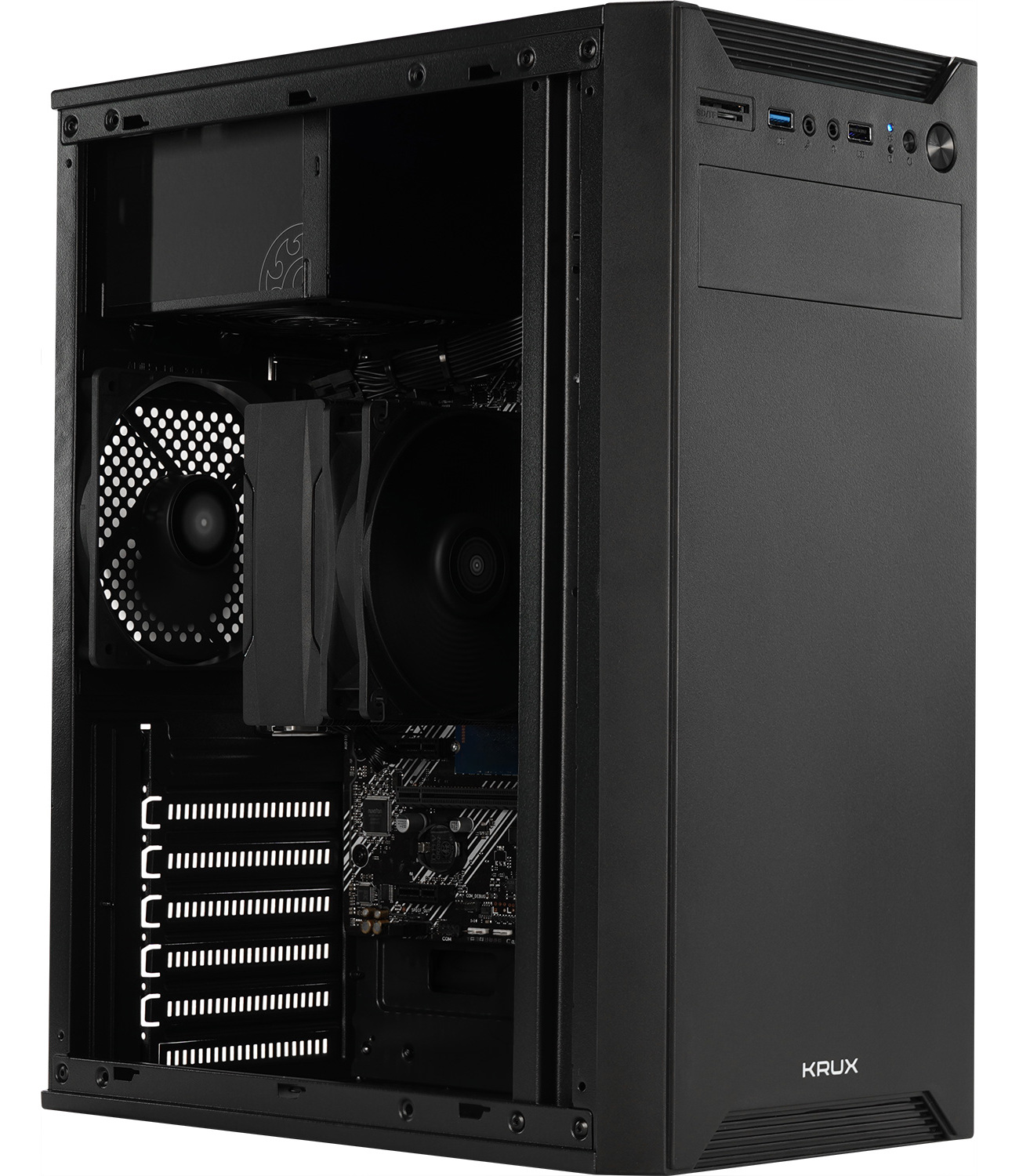Boîtier de PC noir avec un panneau latéral ouvert montrant les composants internes.