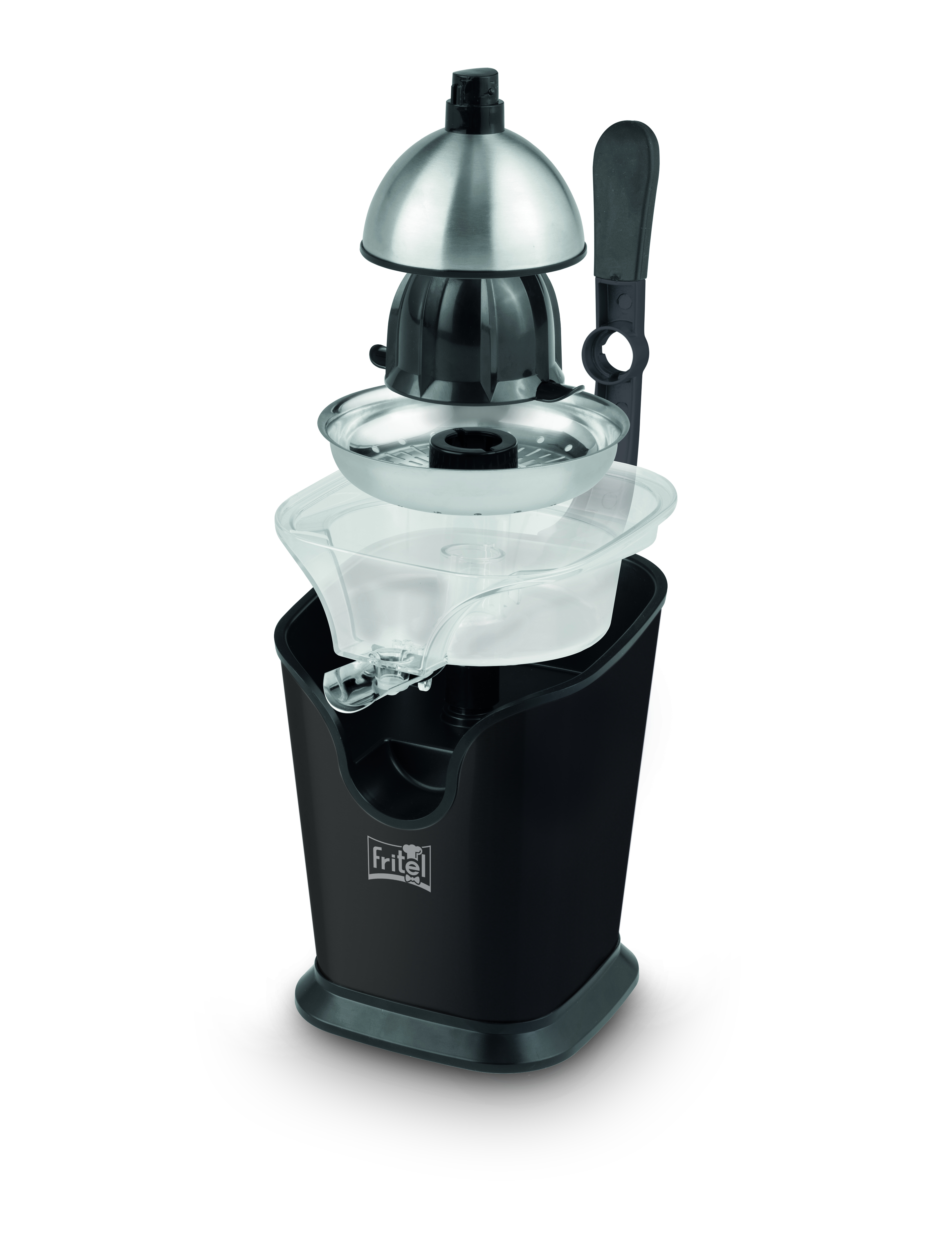 A black and silver Fritel citrus juicer stands freestanding against a white background.