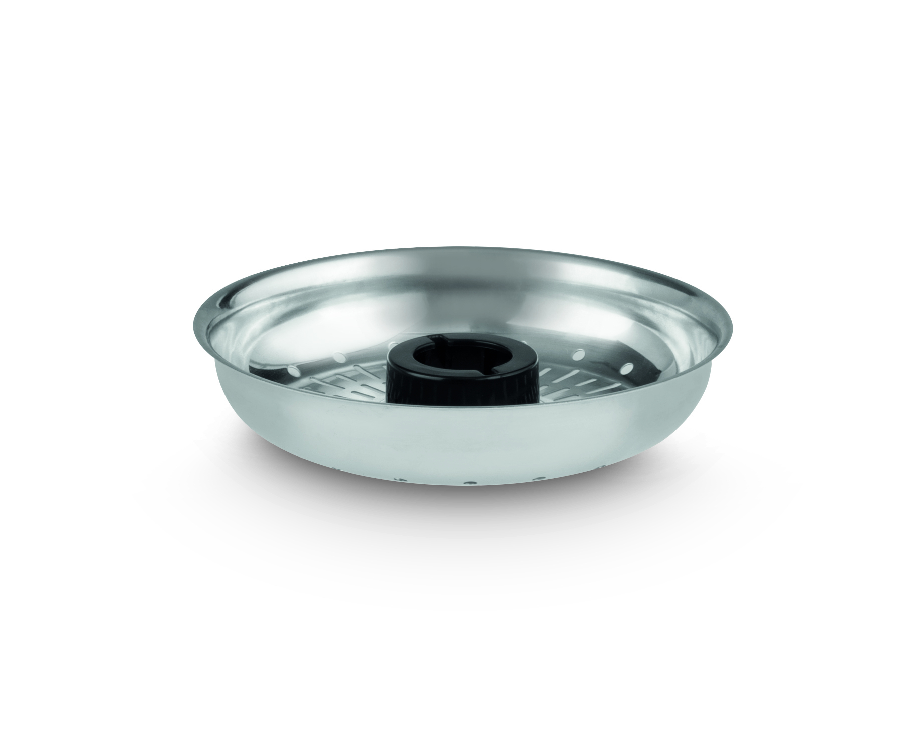 A stainless steel steamer insert with a black central handle, isolated on a white background.