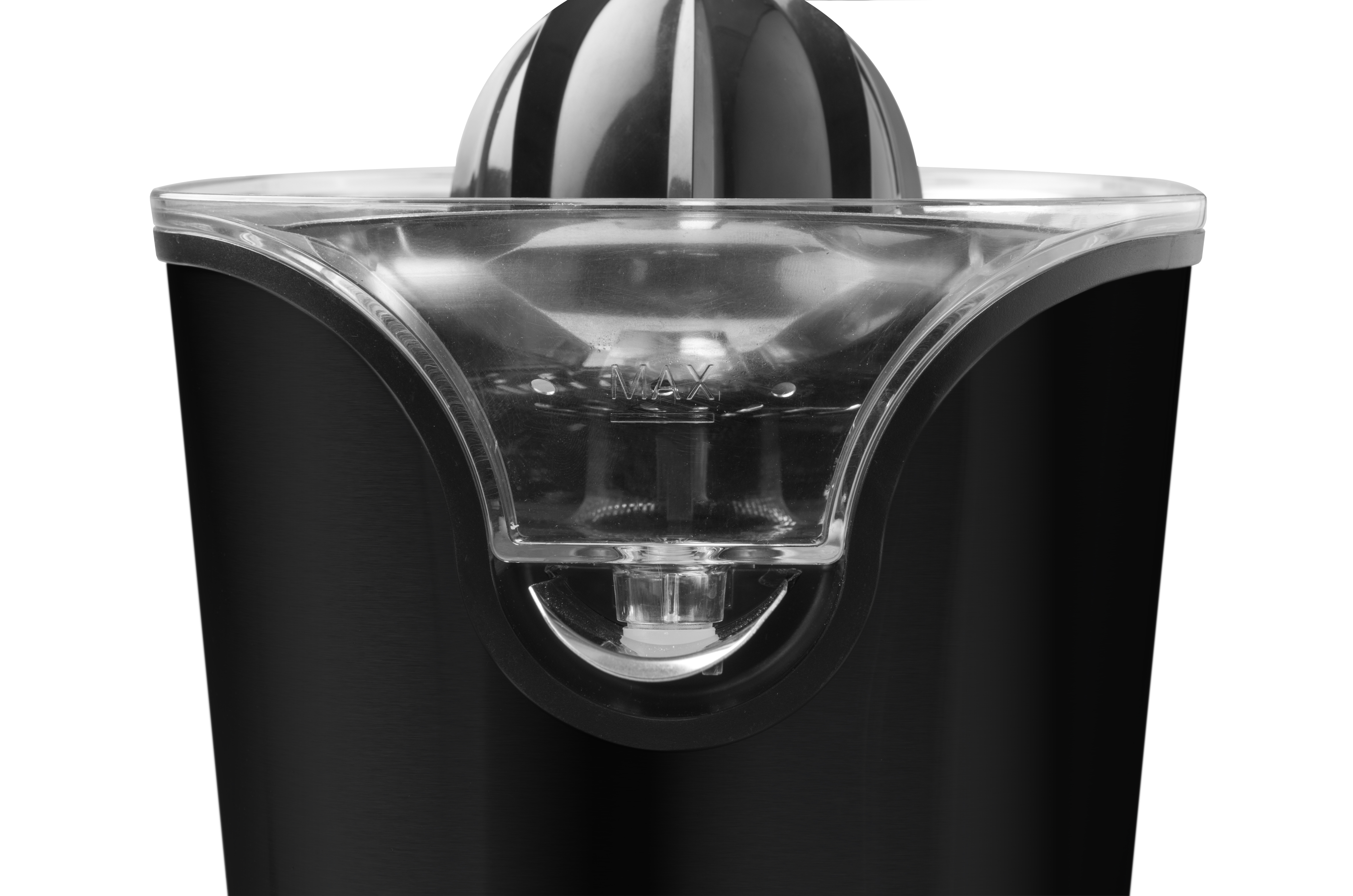 Black electric citrus juicer featuring a transparent container with the word MAX.