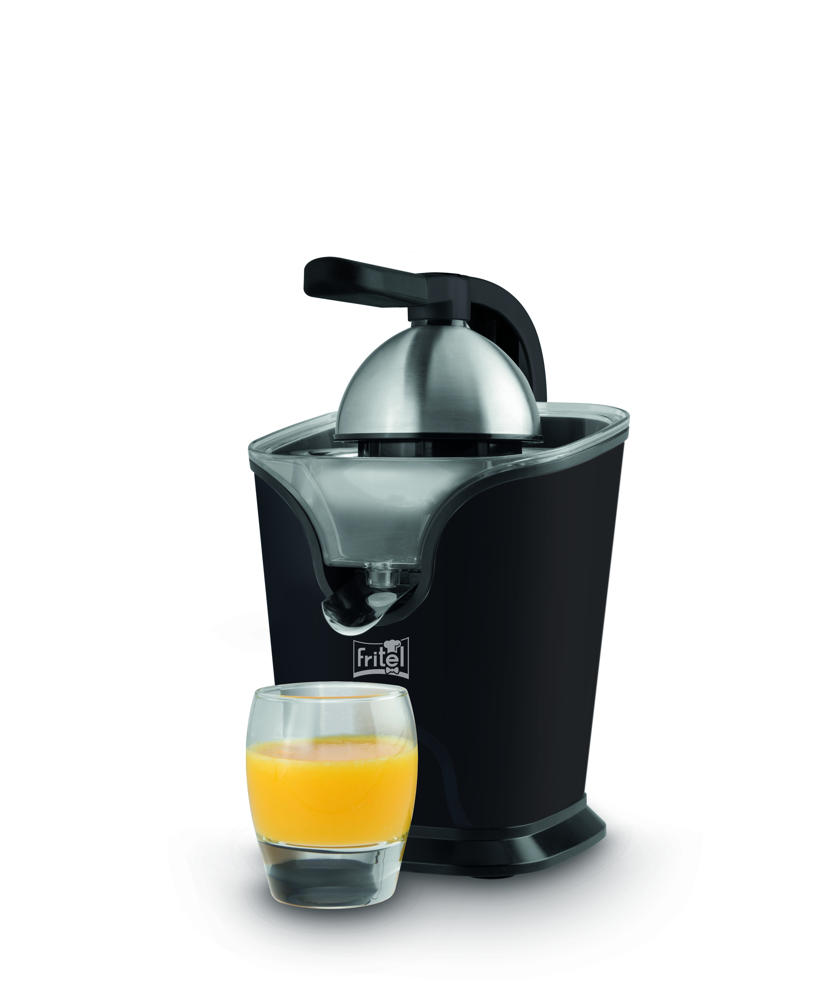 Black electric citrus juicer with stainless steel top and a glass of freshly squeezed orange juice in front.