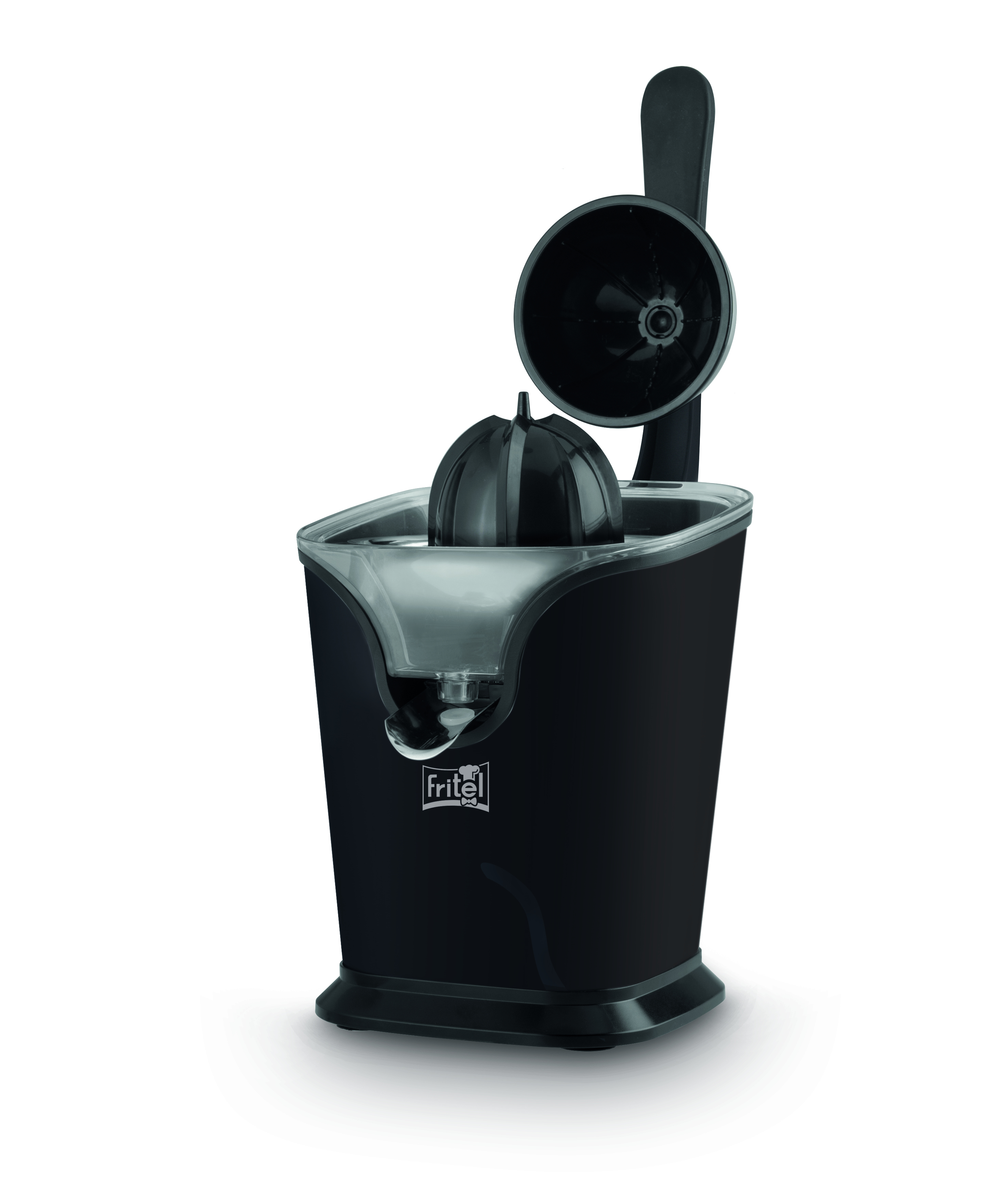 Black electric citrus juicer by Fritel on a white background.