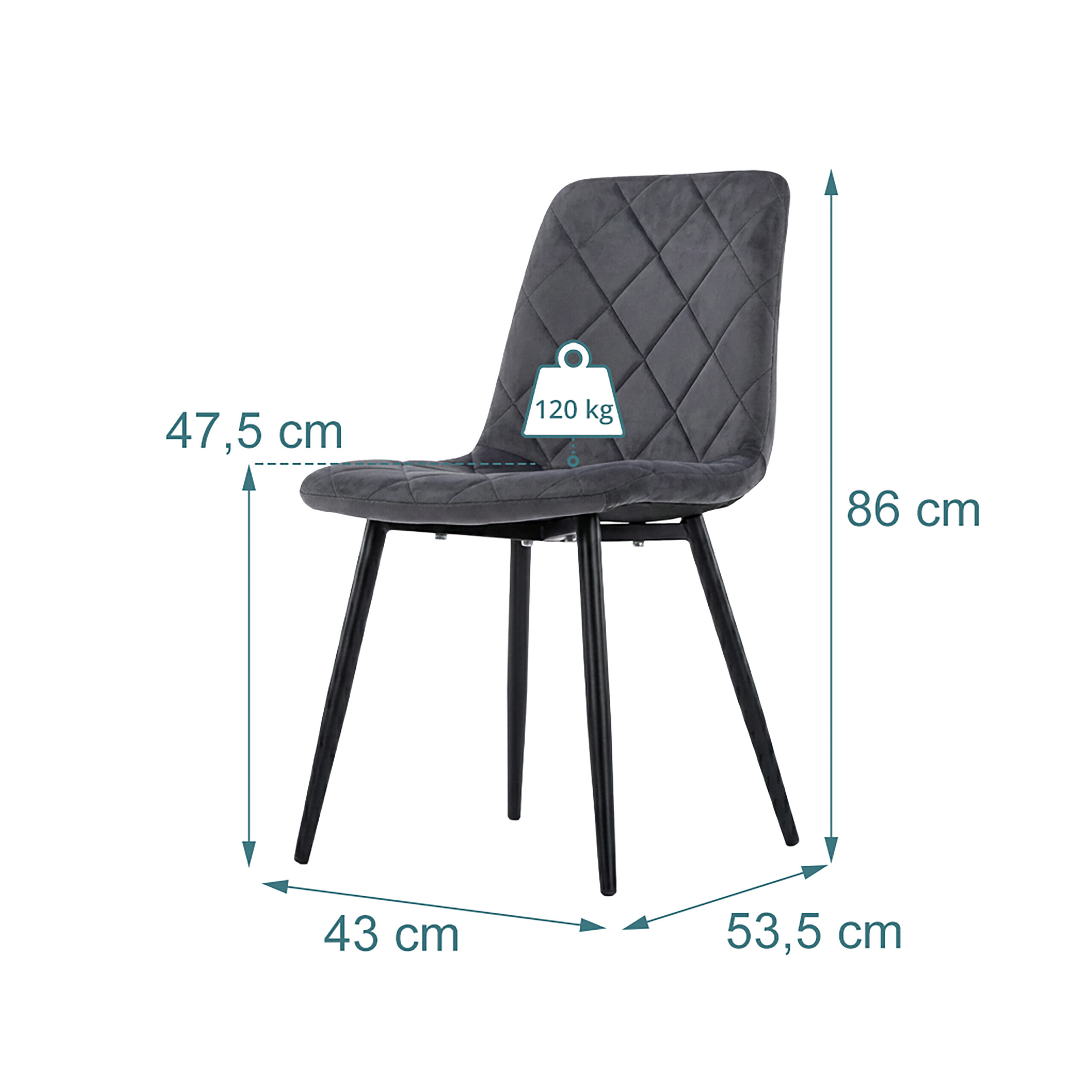 Grauer Samt-Esszimmerstuhl mit schwarzen Metallbeinen und Maßangaben für Höhe, Breite, Tiefe und 120 kg Tragkraft.