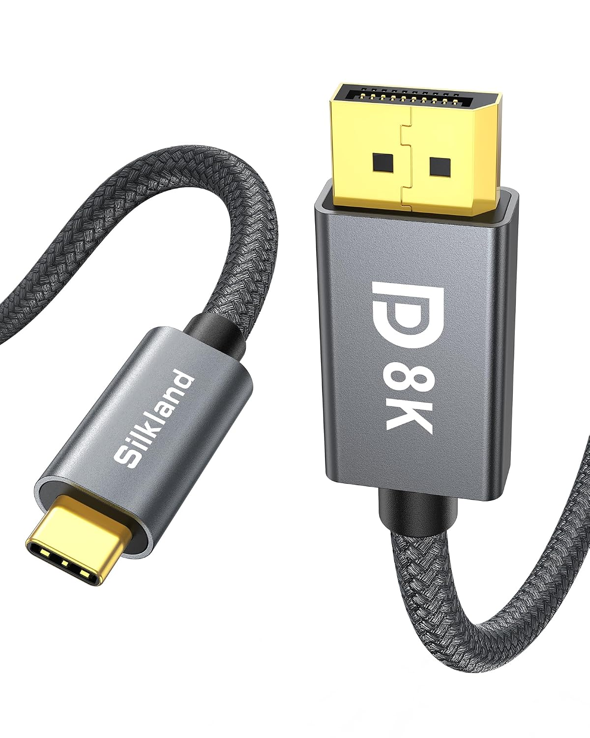 Ein geflochtenes Silkland USB-C-zu-DisplayPort 8K-Kabel mit grauen Metallsteckern.