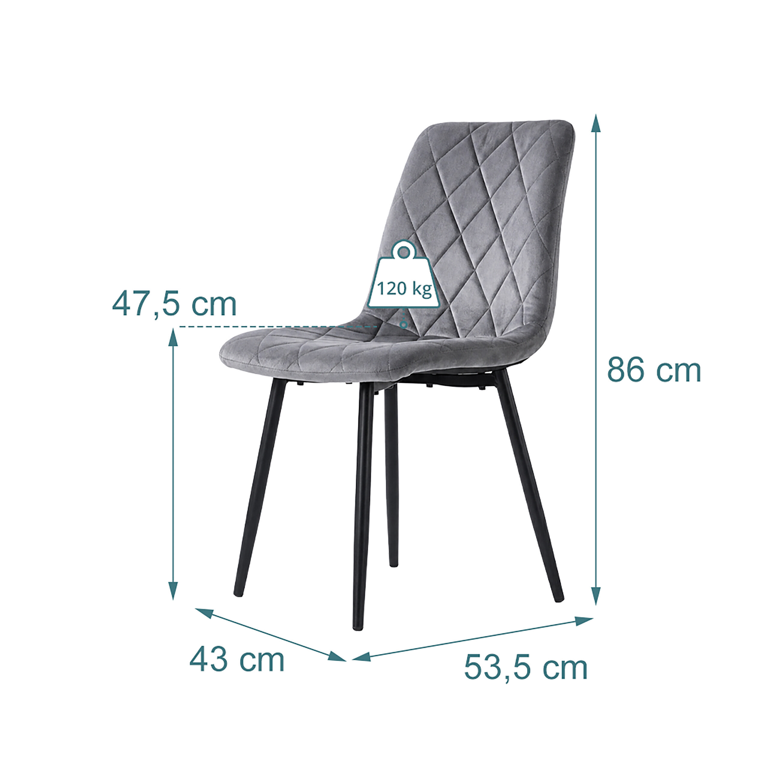 Grauer gepolsterter Stuhl mit schwarzen Metallbeinen, Maßen und Gewichtskapazität.