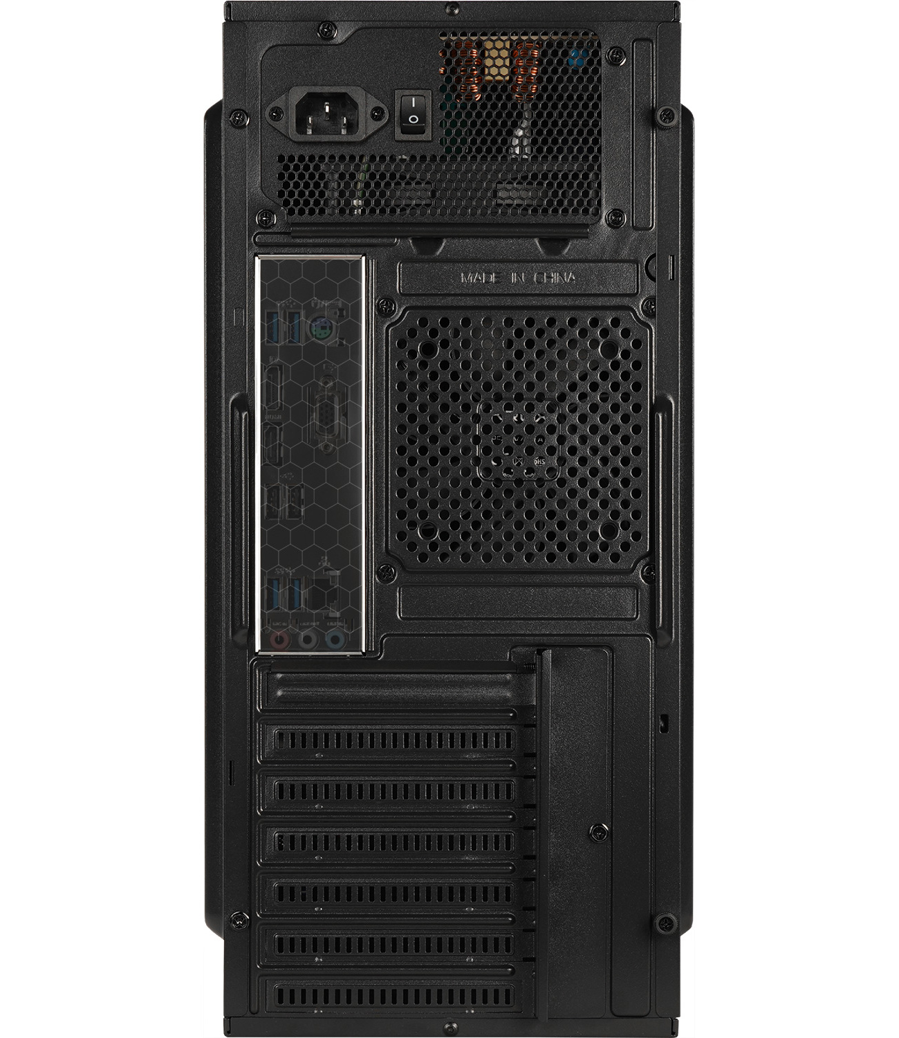 Achteraanzicht van een zwarte pc-behuizing met voeding en ventilatieroosters.