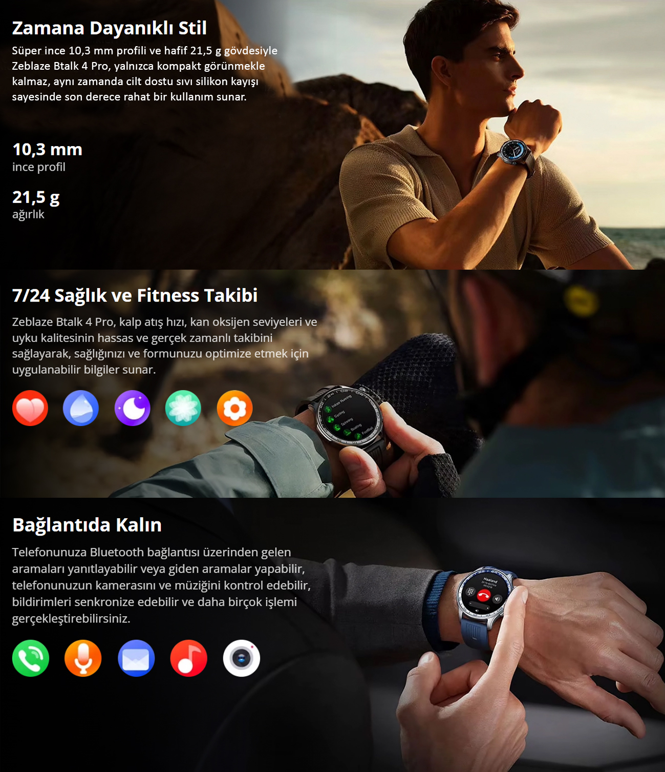 Zeblaze Btalk 4 Pro akıllı saatinin stilini, fitness takibini ve bağlantı özelliklerini gösteren reklam afişi.