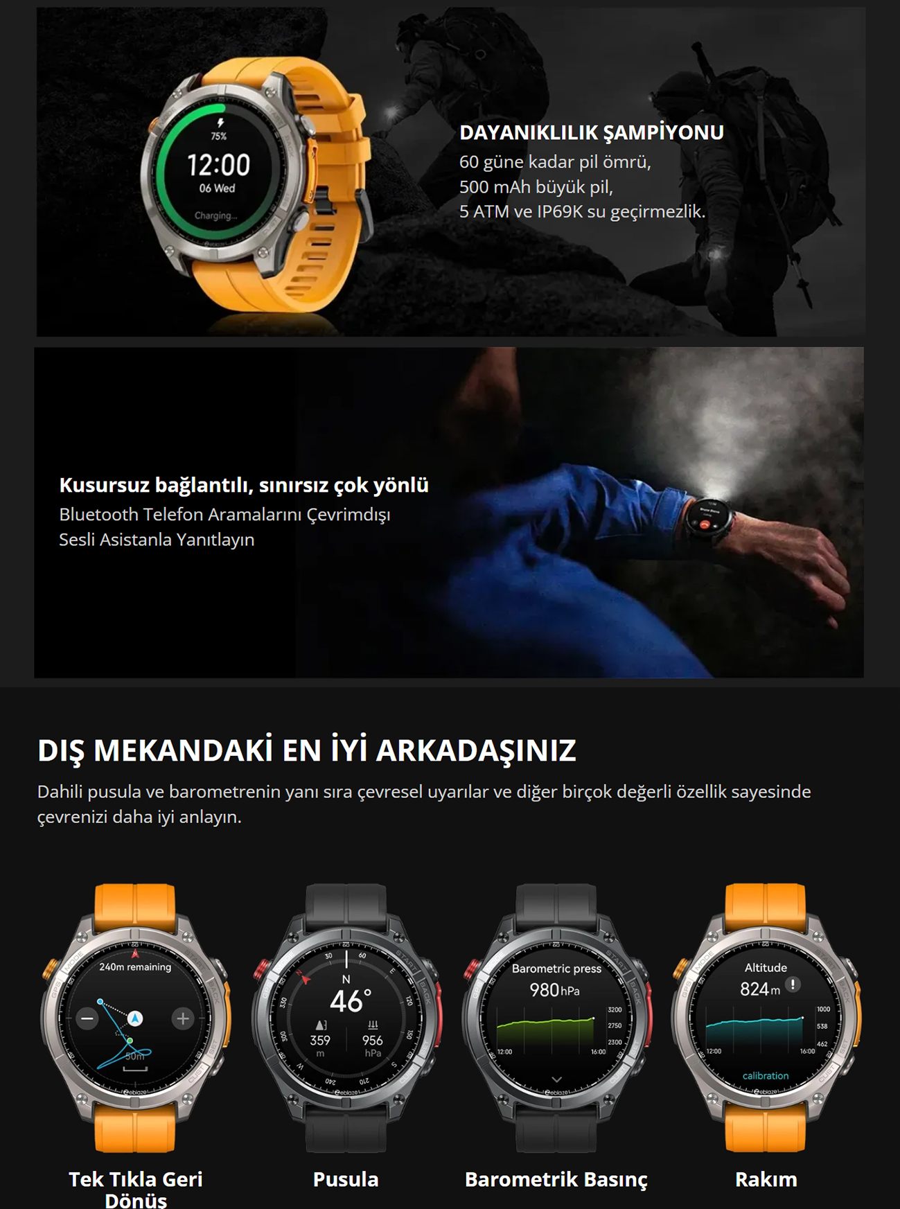 Pusula, barometre ve yükseklik takibi gibi dayanıklı özelliklere sahip outdoor akıllı saat tanıtımı.