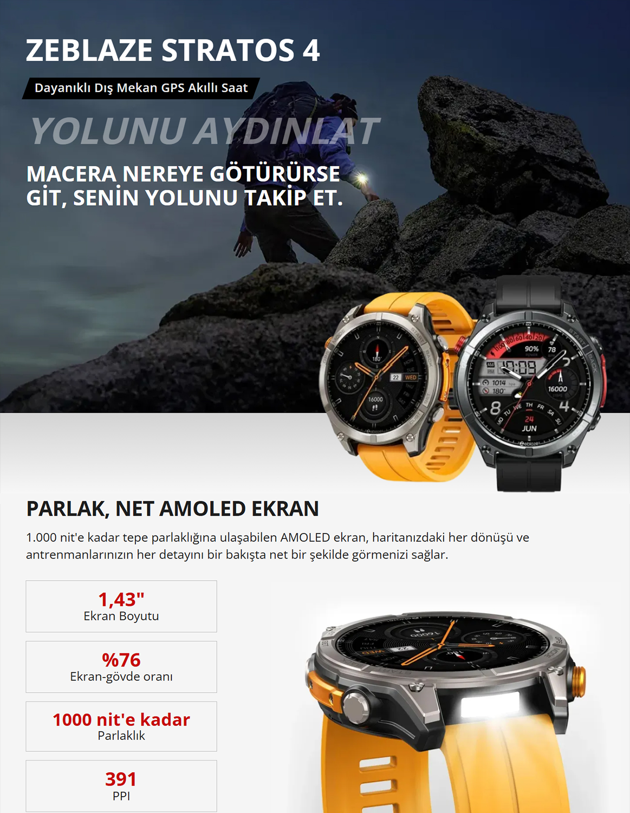 Dayanıklı tasarımı, turuncu ve siyah modelleriyle Zeblaze Stratos 4 akıllı saat tanıtım görseli.