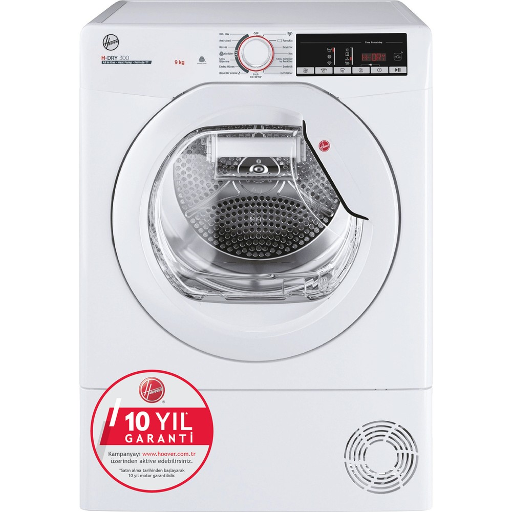Siyah kontrol panelli, yuvarlak cam kapaklı ve garanti etiketli beyaz renkli Hoover H-DRY 300 kurutma makinesinin önden görünümü.