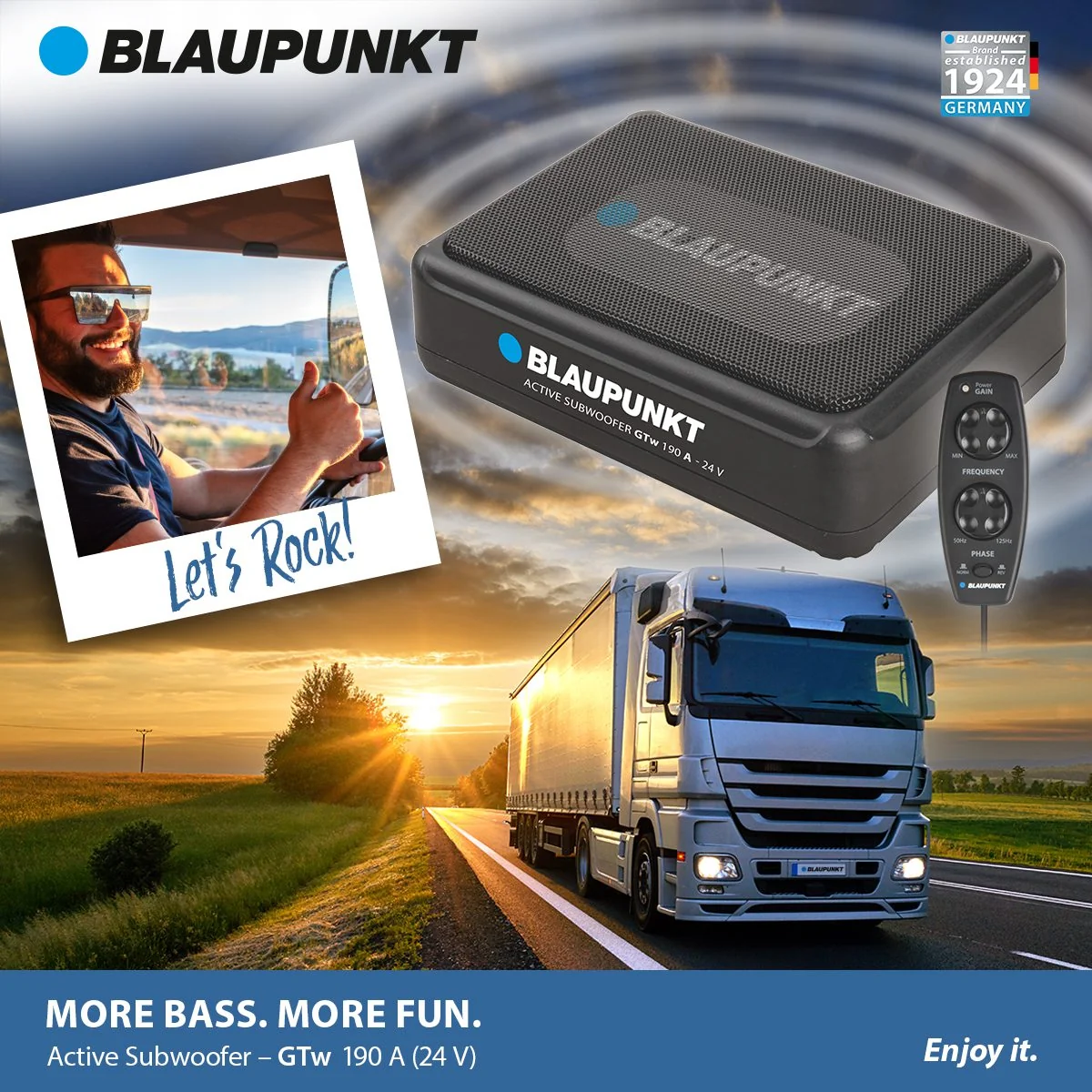 Blaupunkt Aktiv-Subwoofer GTw 190 A, LKW auf Straße und glücklicher Fahrer bei Sonnenuntergang.