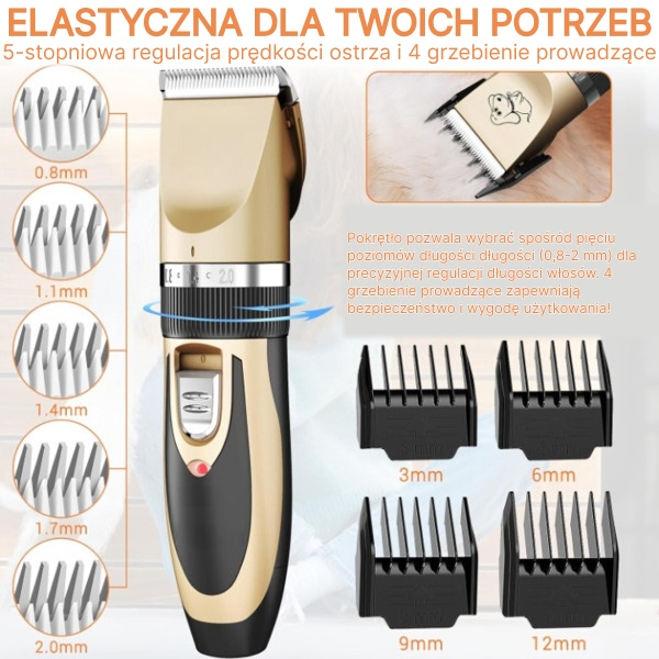 Złoto-czarna maszynka do strzyżenia zwierząt z regulowanymi ostrzami i czterema nasadkami.