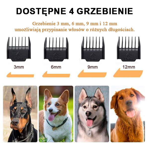 Cztery nasadki grzebieniowe (3mm, 6mm, 9mm, 12mm) pokazane nad czterema rasami psów.