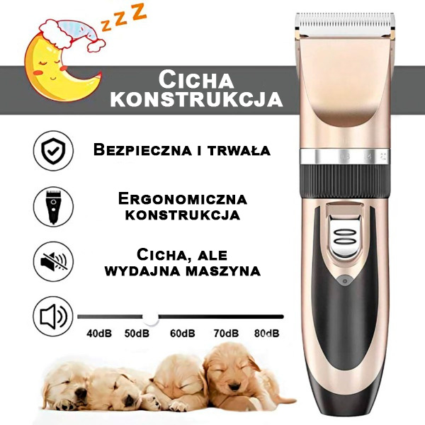 Złota maszynka do strzyżenia zwierząt z cichym silnikiem i śpiącymi szczeniakami.