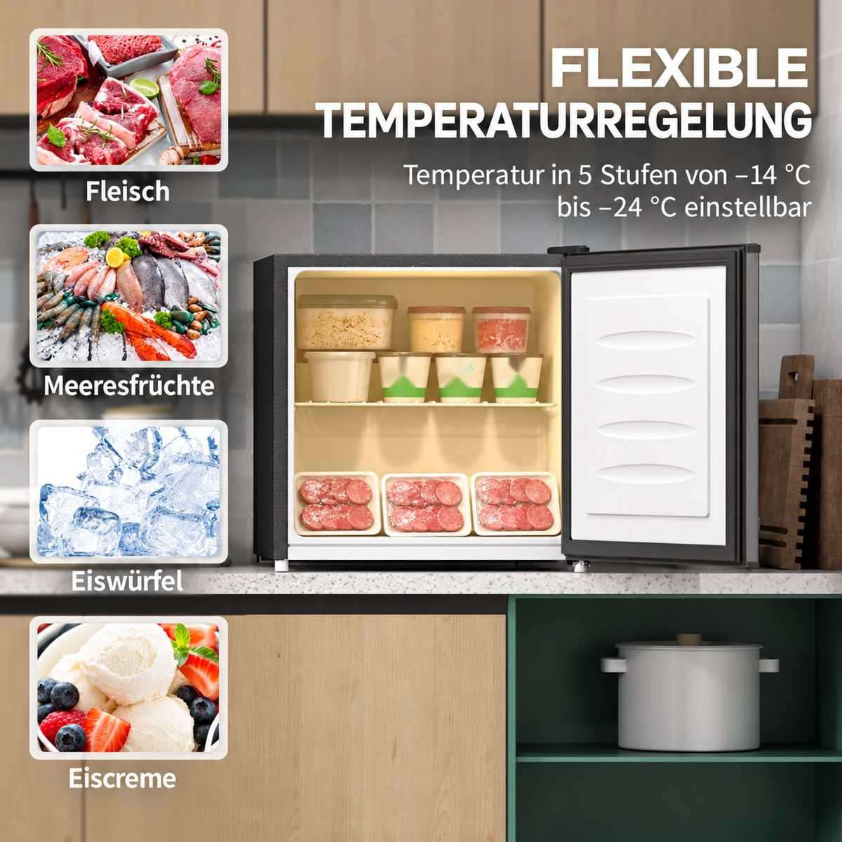 Kleine Gefriertruhe mit offenem Fach, gefüllt mit Fleisch und Lebensmitteln, links mit Beispielen.