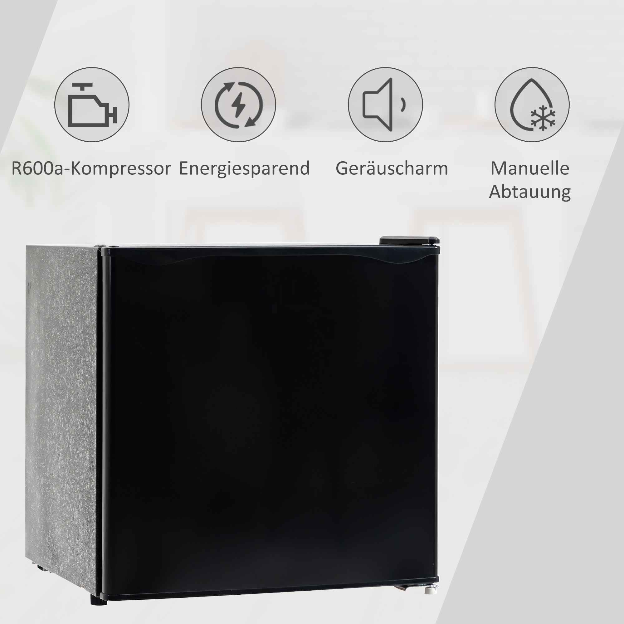 Ein schwarzer Minikühlschrank mit vier Funktionssymbolen oben für Kompressor, Energiesparen, leise und manuelles Abtauen.