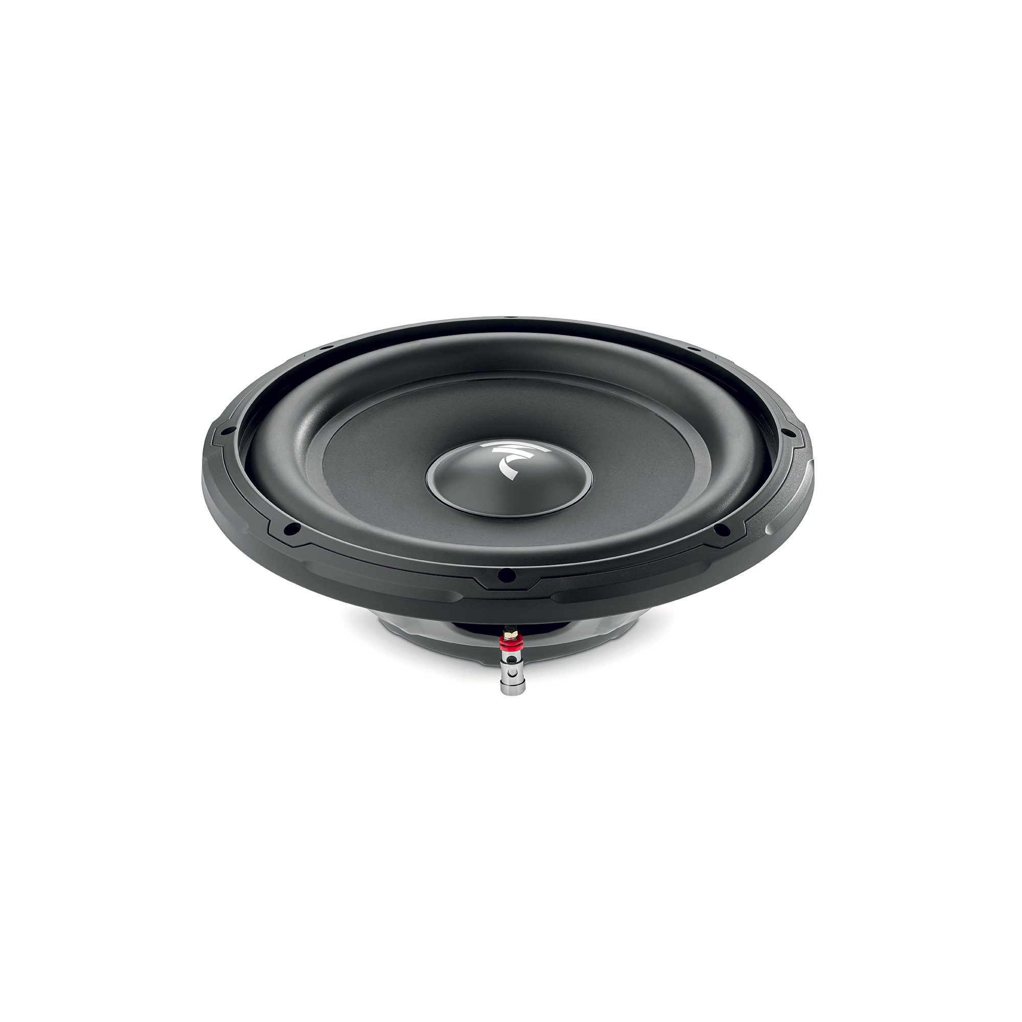 Ein runder schwarzer Subwoofer mit weißem Logo und silbernen Anschlüssen vor weißem Hintergrund.