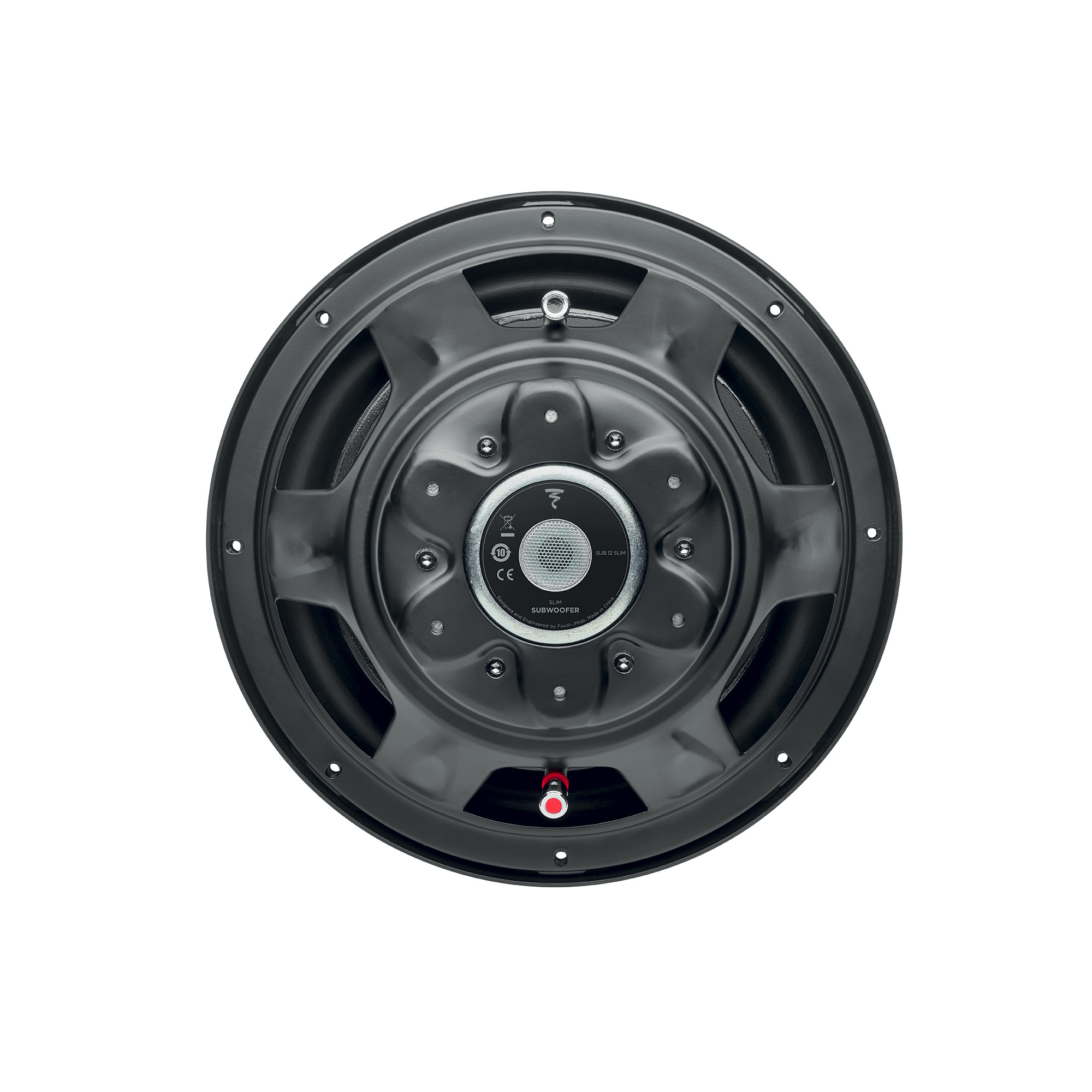 Rückansicht eines schwarzen Subwoofers mit silberner Beschriftung und Anschlüssen auf weißem Hintergrund.