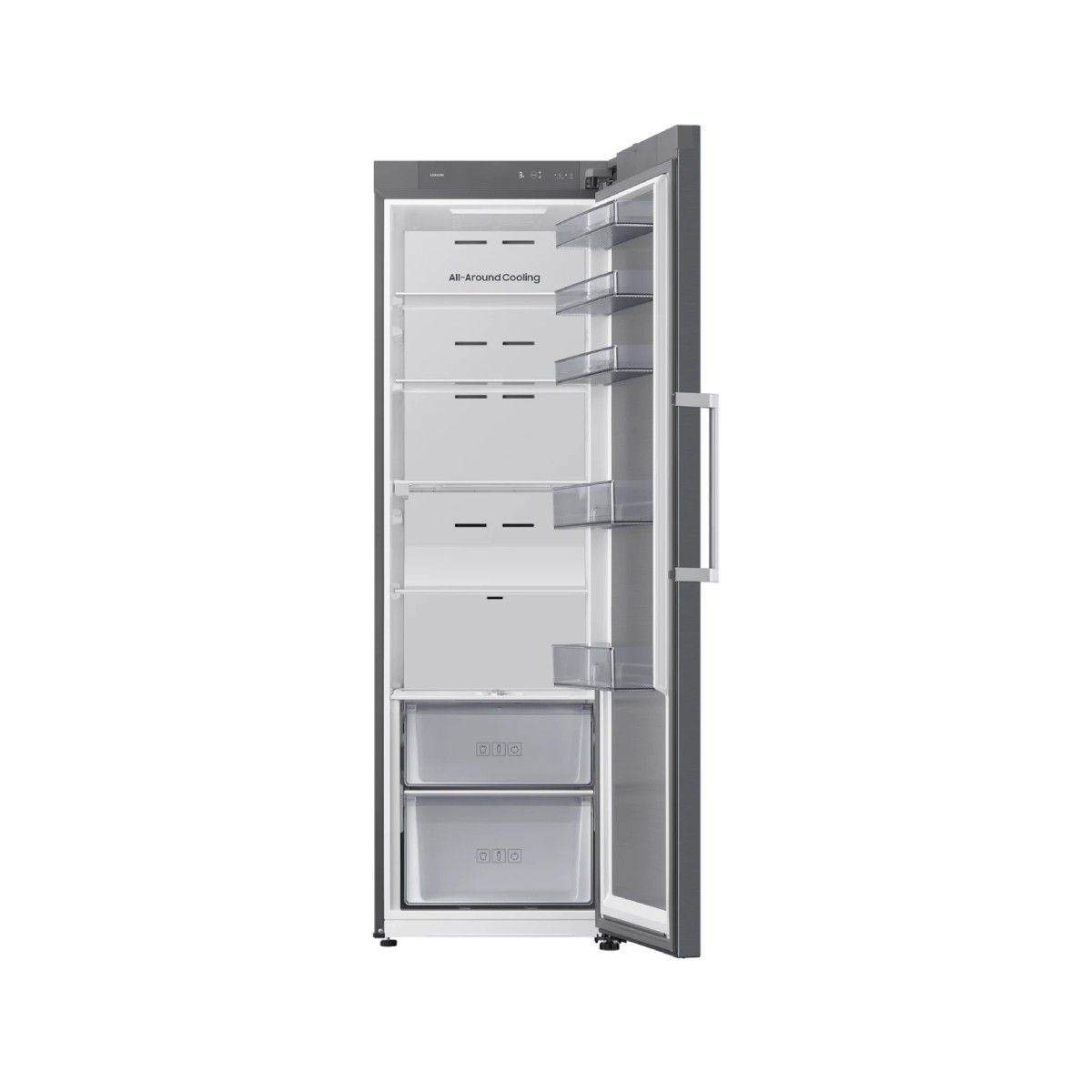 Ein offener, grauer Standkühlschrank mit Glasböden und Schubladen auf weißem Hintergrund.