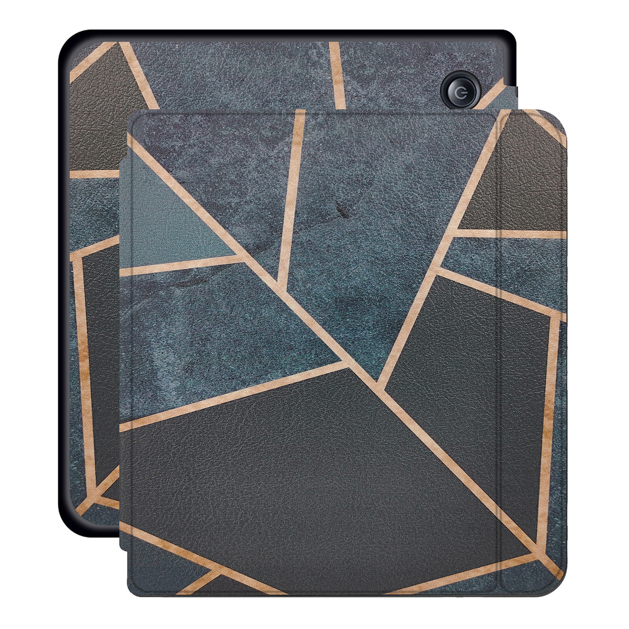 Tablet inside a case with a geometric pattern in grey and gold tones.