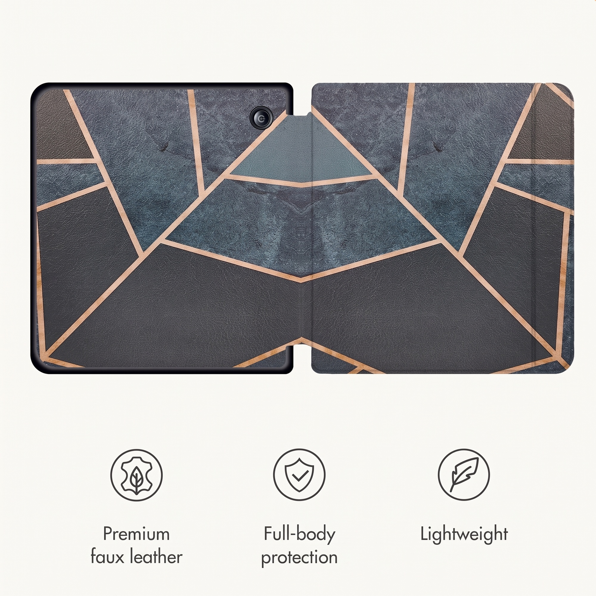 Gray-blue marble e-reader case with gold geometric lines and three icons below.