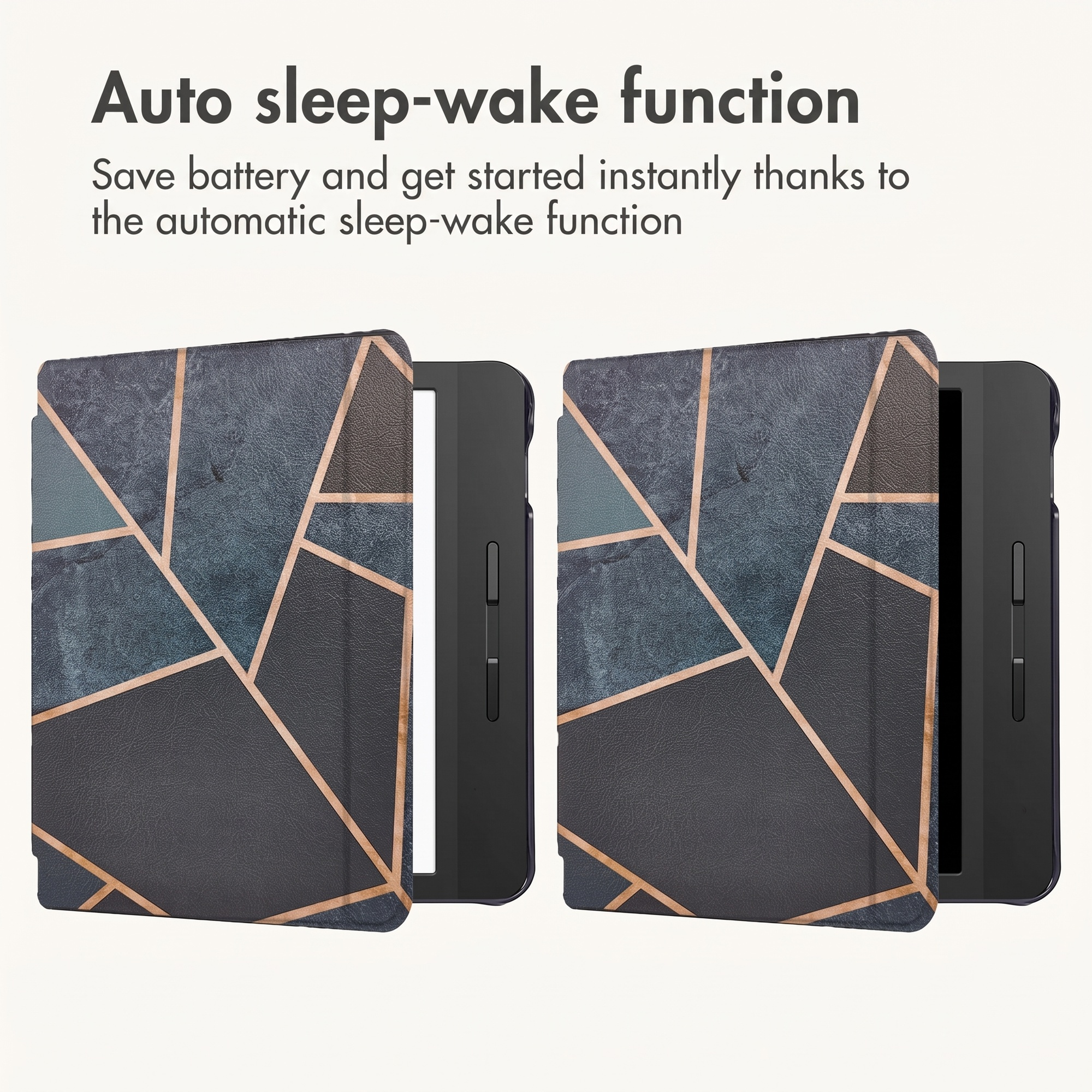 Two e-readers with geometric patterned cases and text about the auto sleep-wake function.