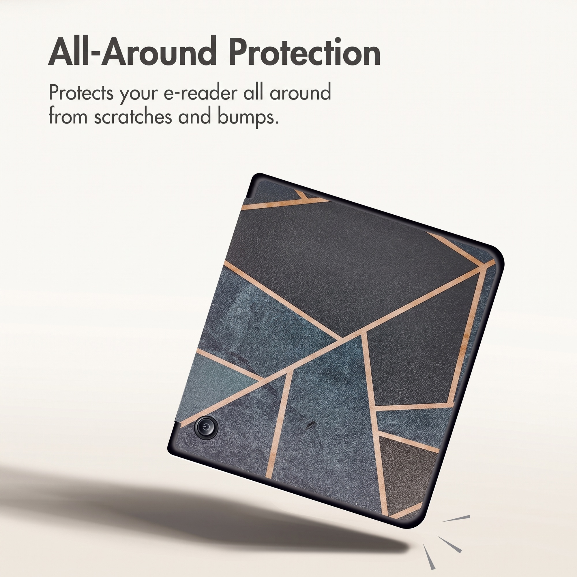 An e-reader case with a geometric marble and gold pattern floating against a light background with marketing text above.