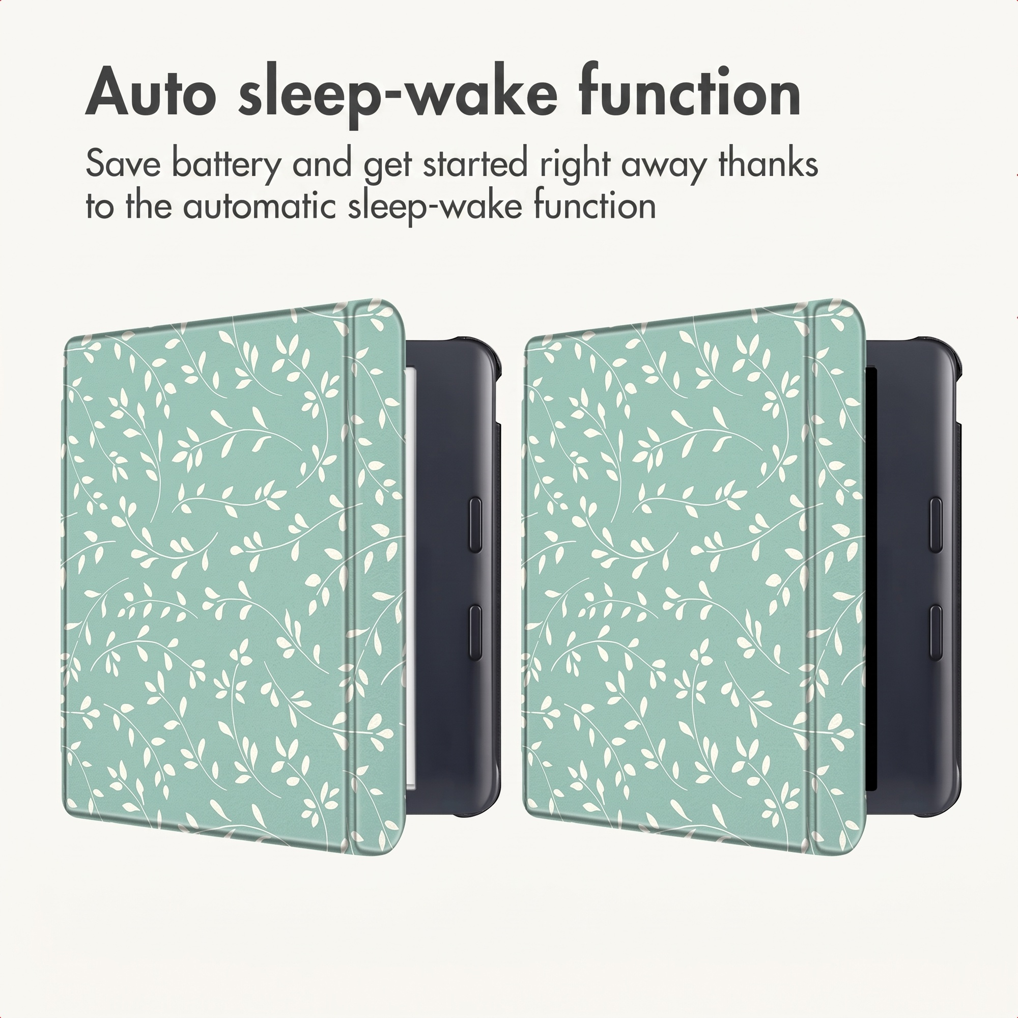 Due e-reader con cover verde menta e foglie bianche, con testo sulla funzione di sospensione.