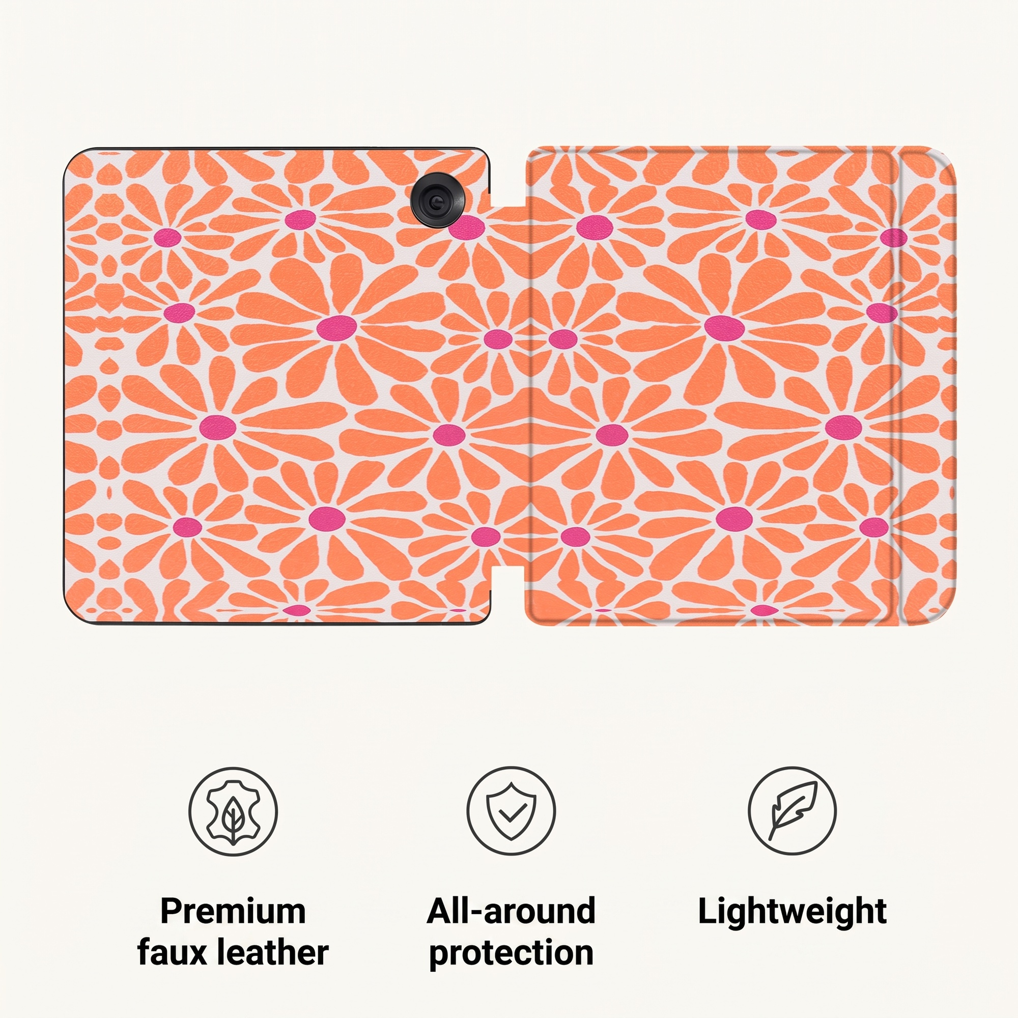 Étui pour tablette à motif de marguerites orange et rose, cuir synthétique et design léger.