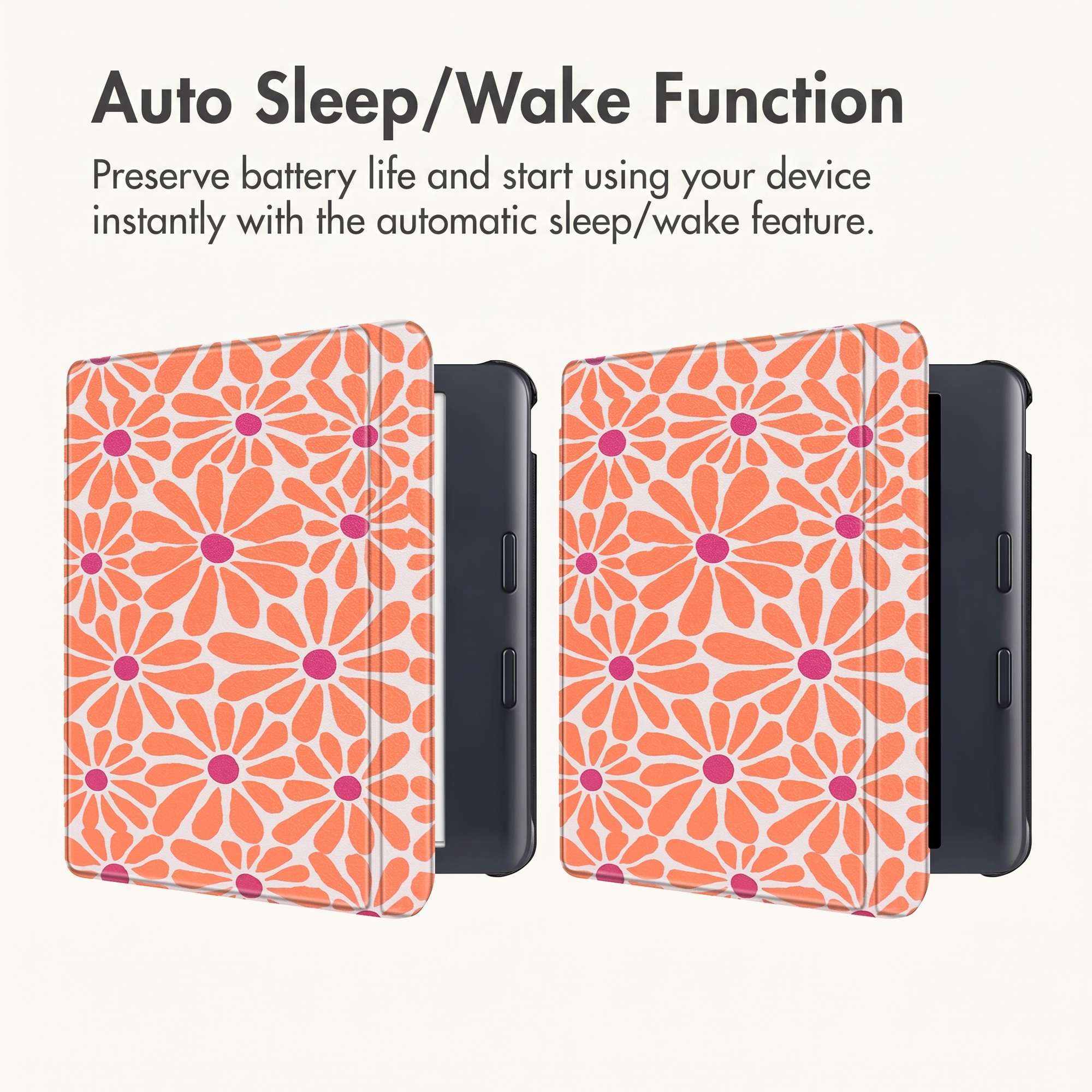Deux liseuses avec des étuis à motifs floraux orange et blancs sur fond clair.