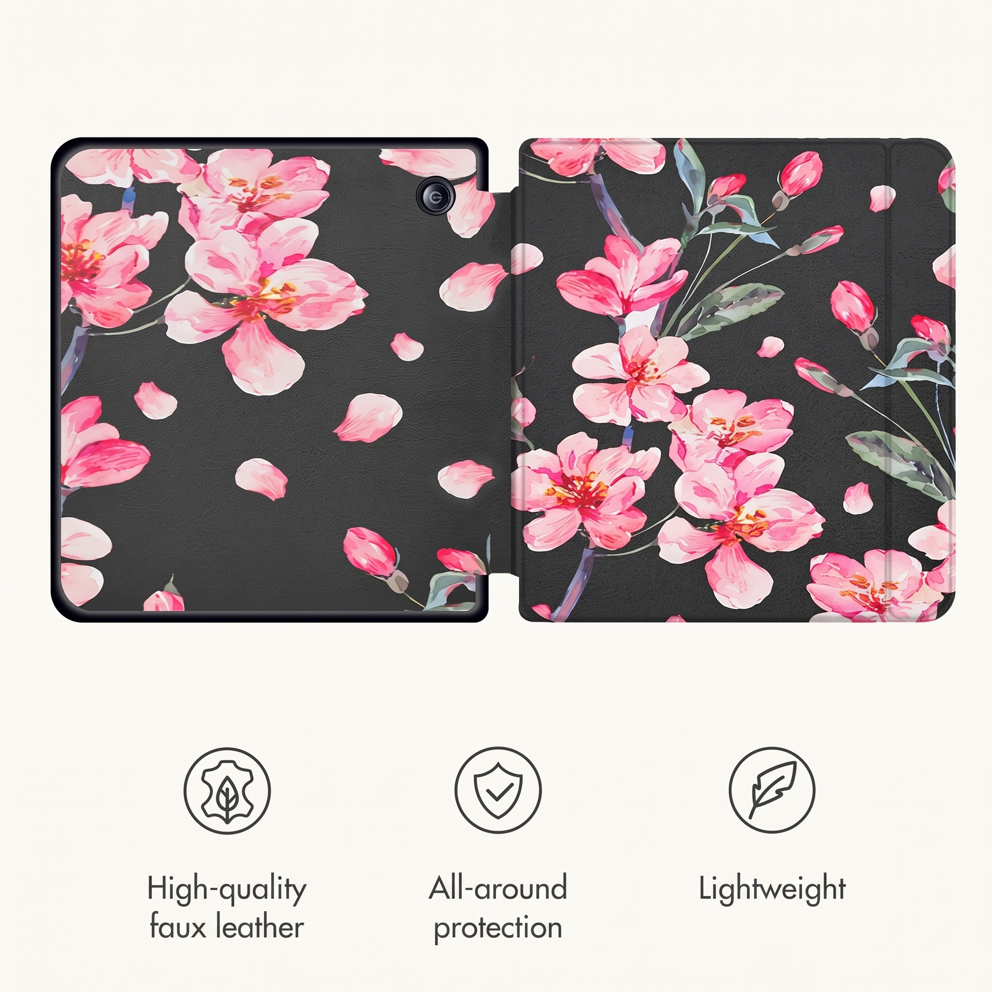 Black leather case with pink cherry blossom pattern and three icons below.