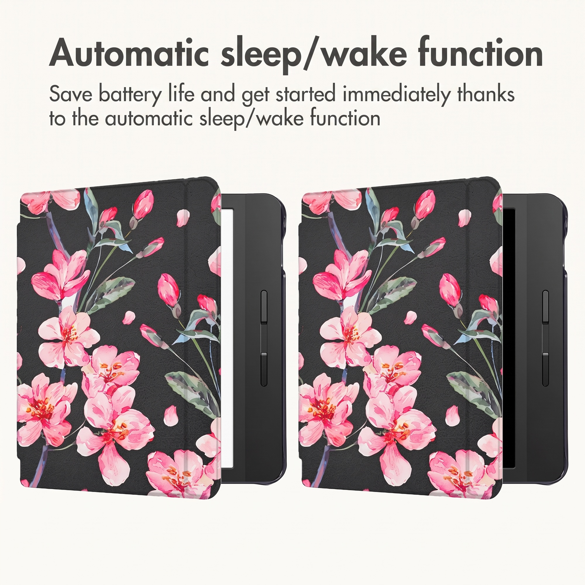 E-reader with black case and pink cherry blossom pattern, text about auto sleep-wake function above.