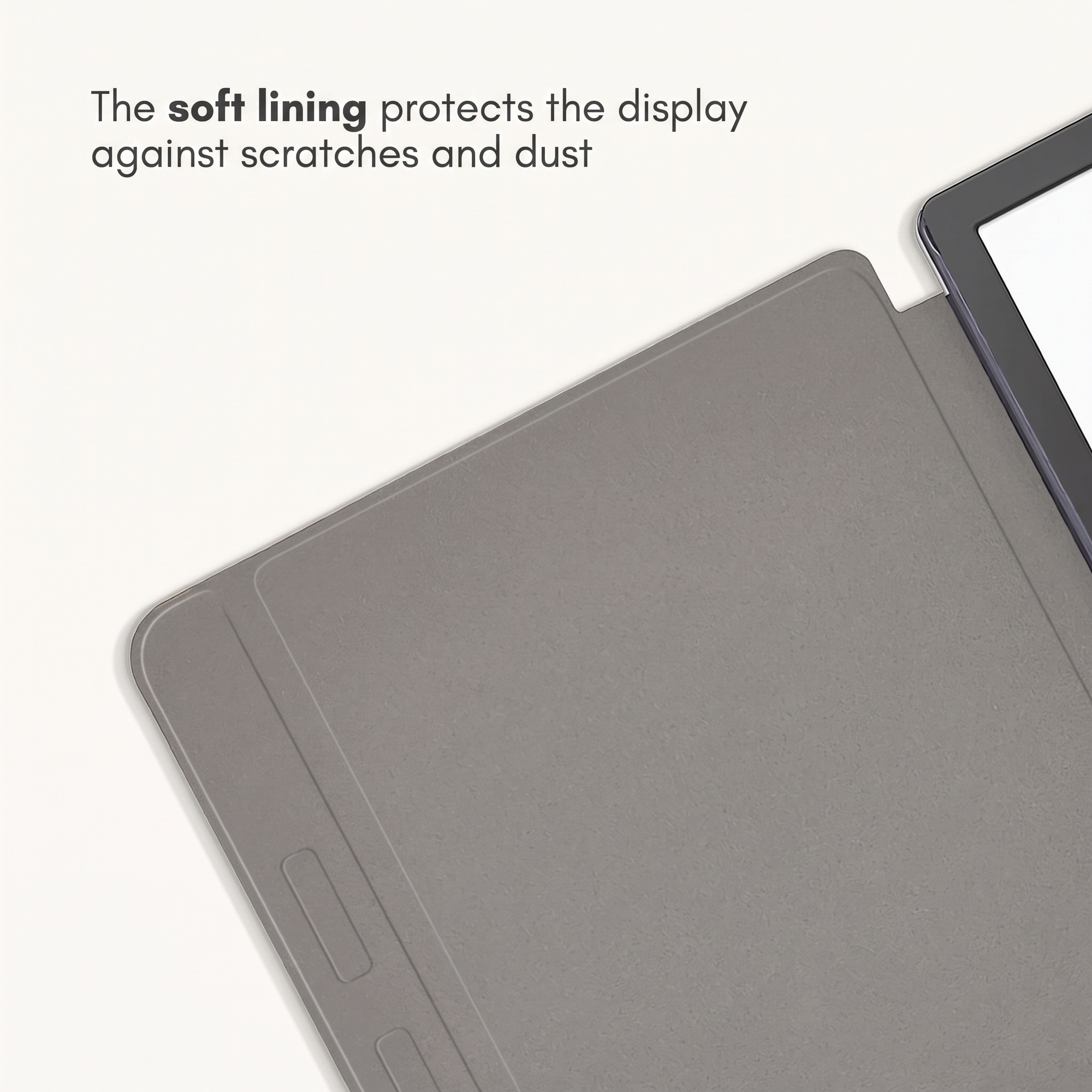 Gray protective case with soft lining for a tablet on a white background.