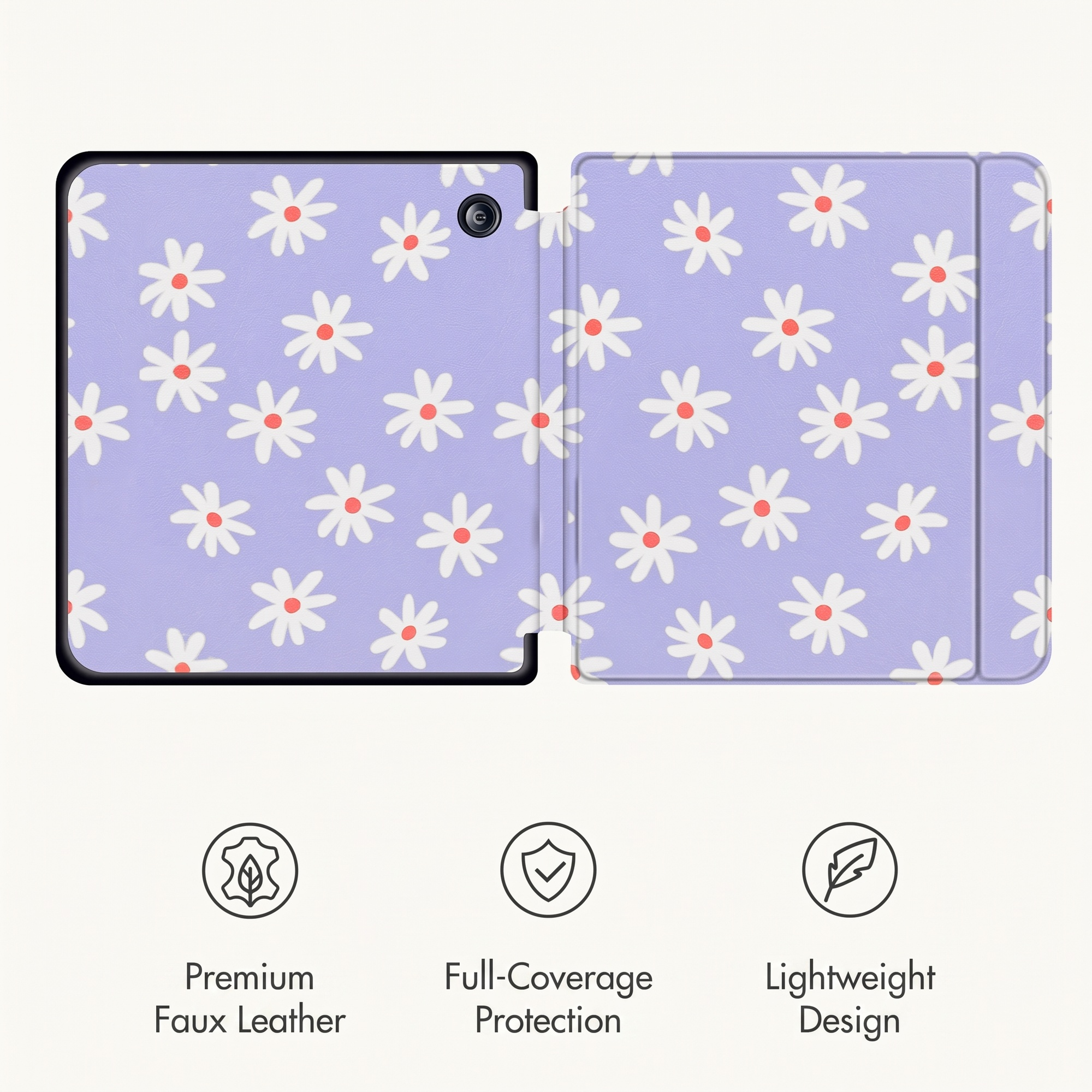 Un étui de téléphone violet avec des marguerites blanches et trois icônes en bas pour cuir synthétique et protection.