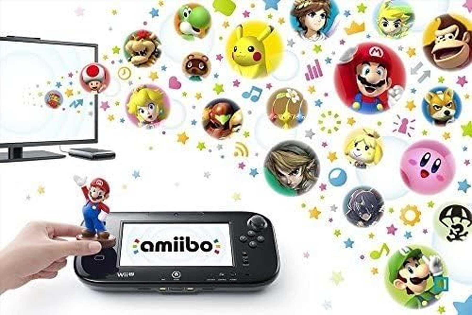 Eine Mario-Amiibo-Figur auf einem Wii U GamePad, umgeben von schwebenden Blasen mit Nintendo-Charakteren.