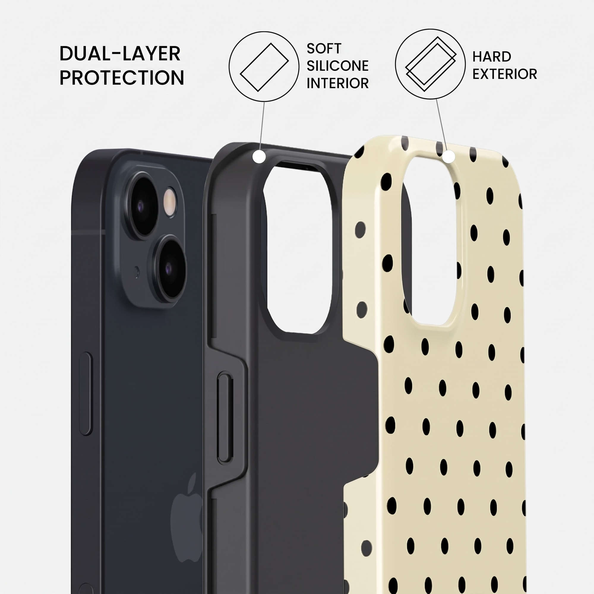 Dual-layer protection for iPhones with a soft silicone interior and hard exterior.
